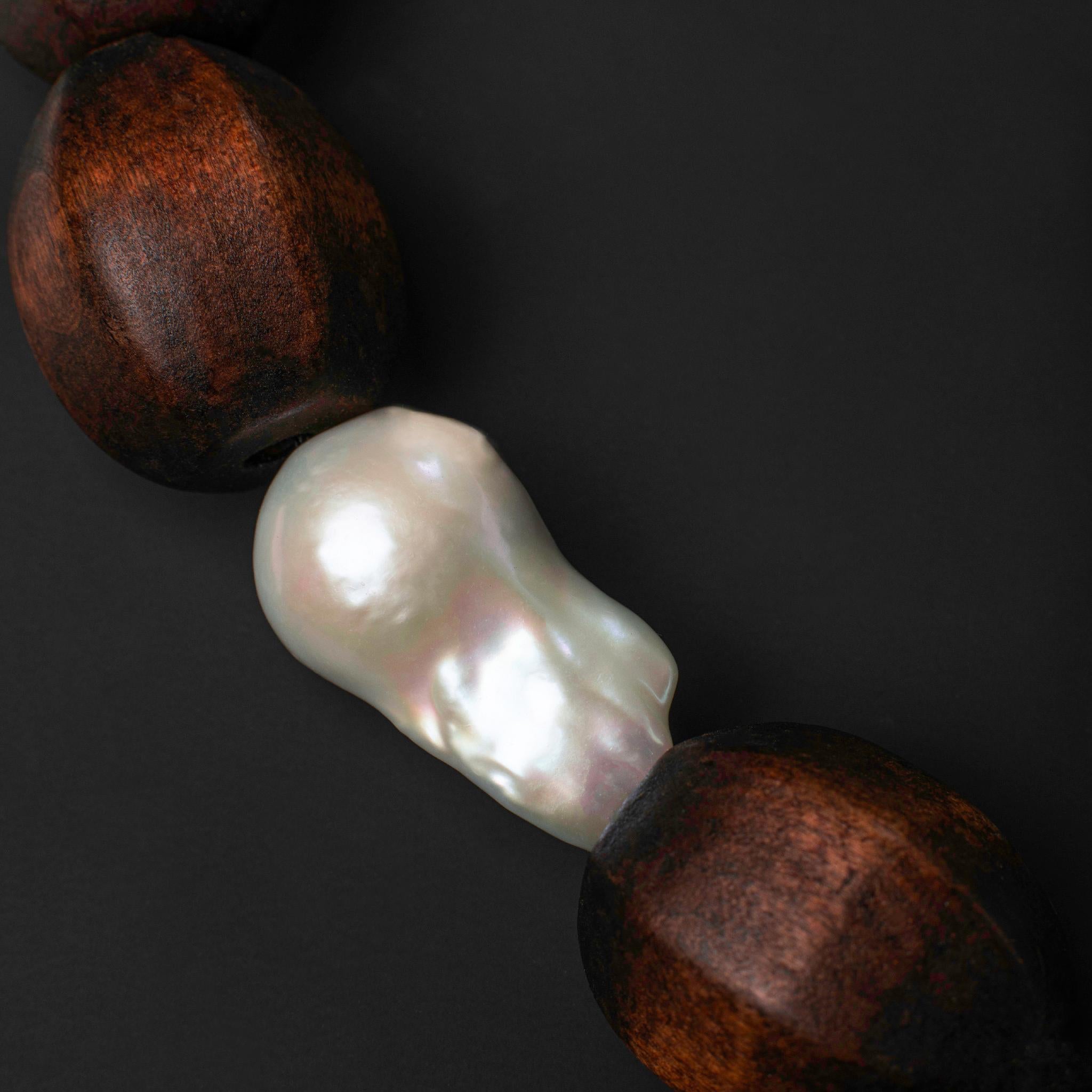 Bead House of Sol Pentagon Wood and Pearl Necklace with 24K Gold Filled HoS Lock For Sale