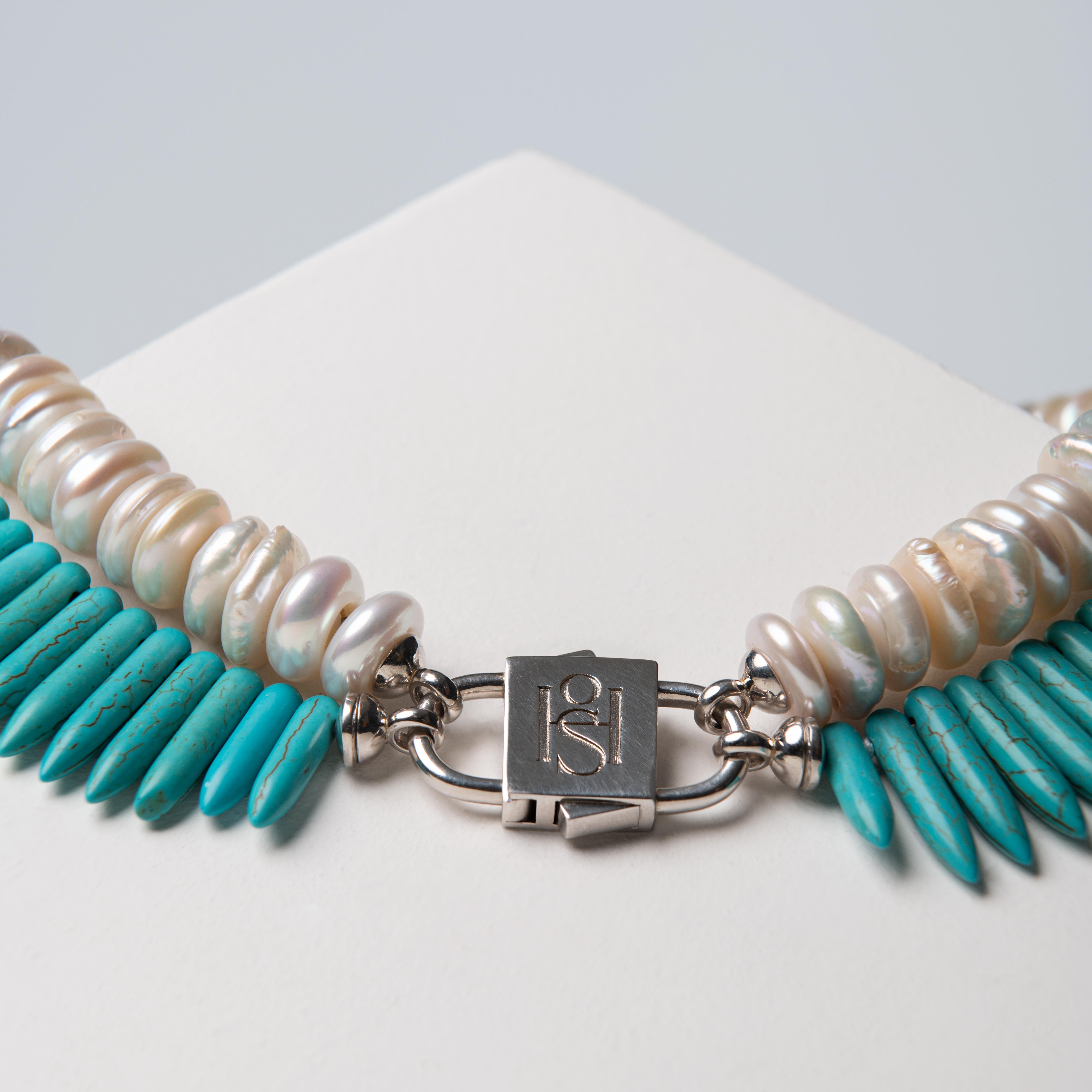 House of Sol Rondelle Pearl and Turquoise Howlite Necklace with HoS Lock In New Condition For Sale In Sarasota, FL