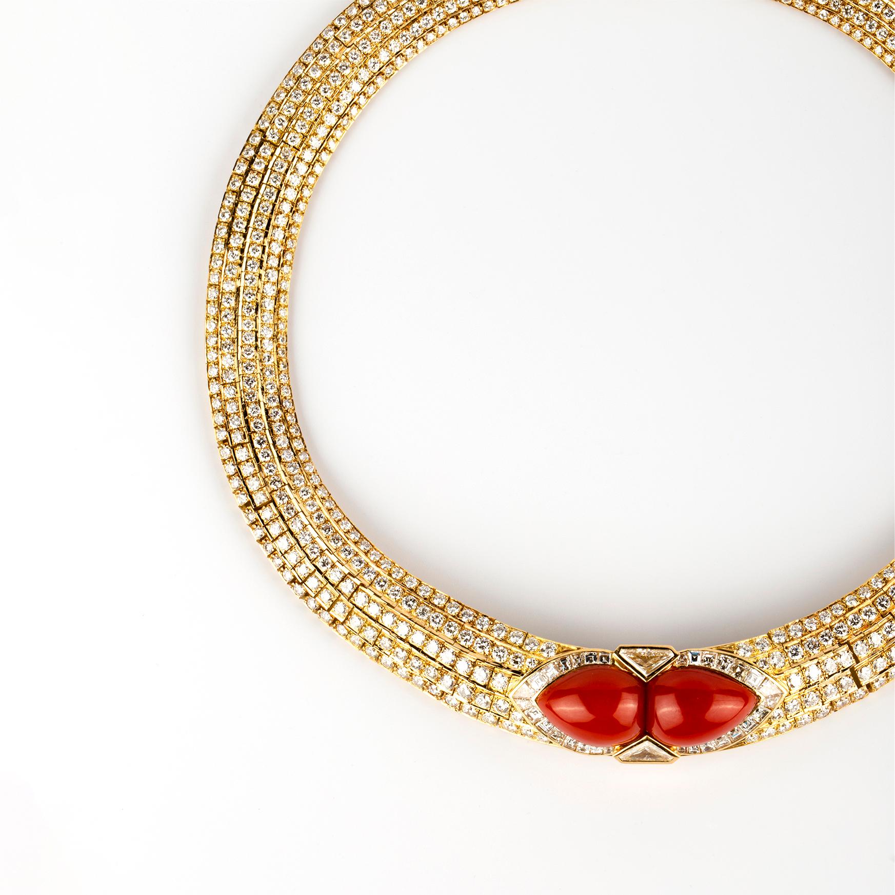House of Tabbah necklace in 18k gold with 47 carats of diamonds and coral lozenges. Made in Paris, circa 1960.