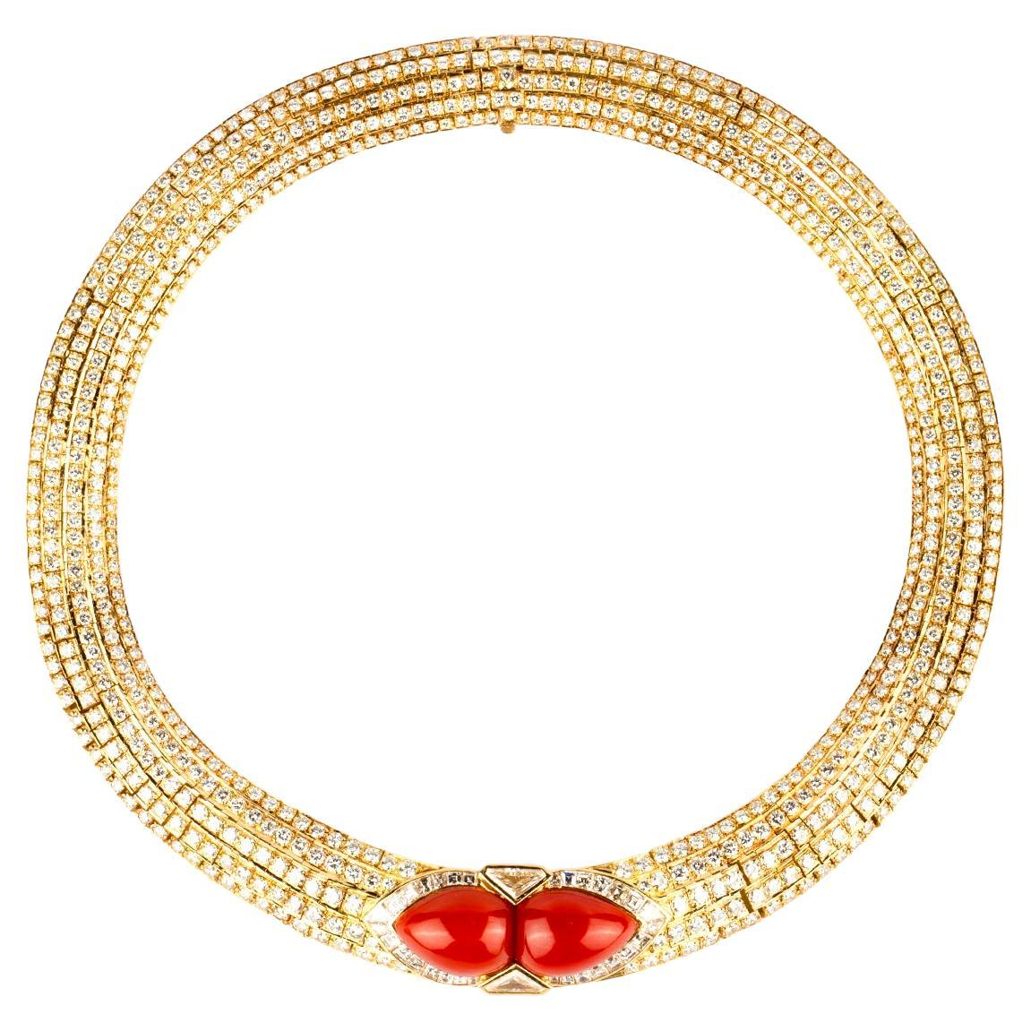 House of Tabbah Coral and Diamond Gold Necklace For Sale