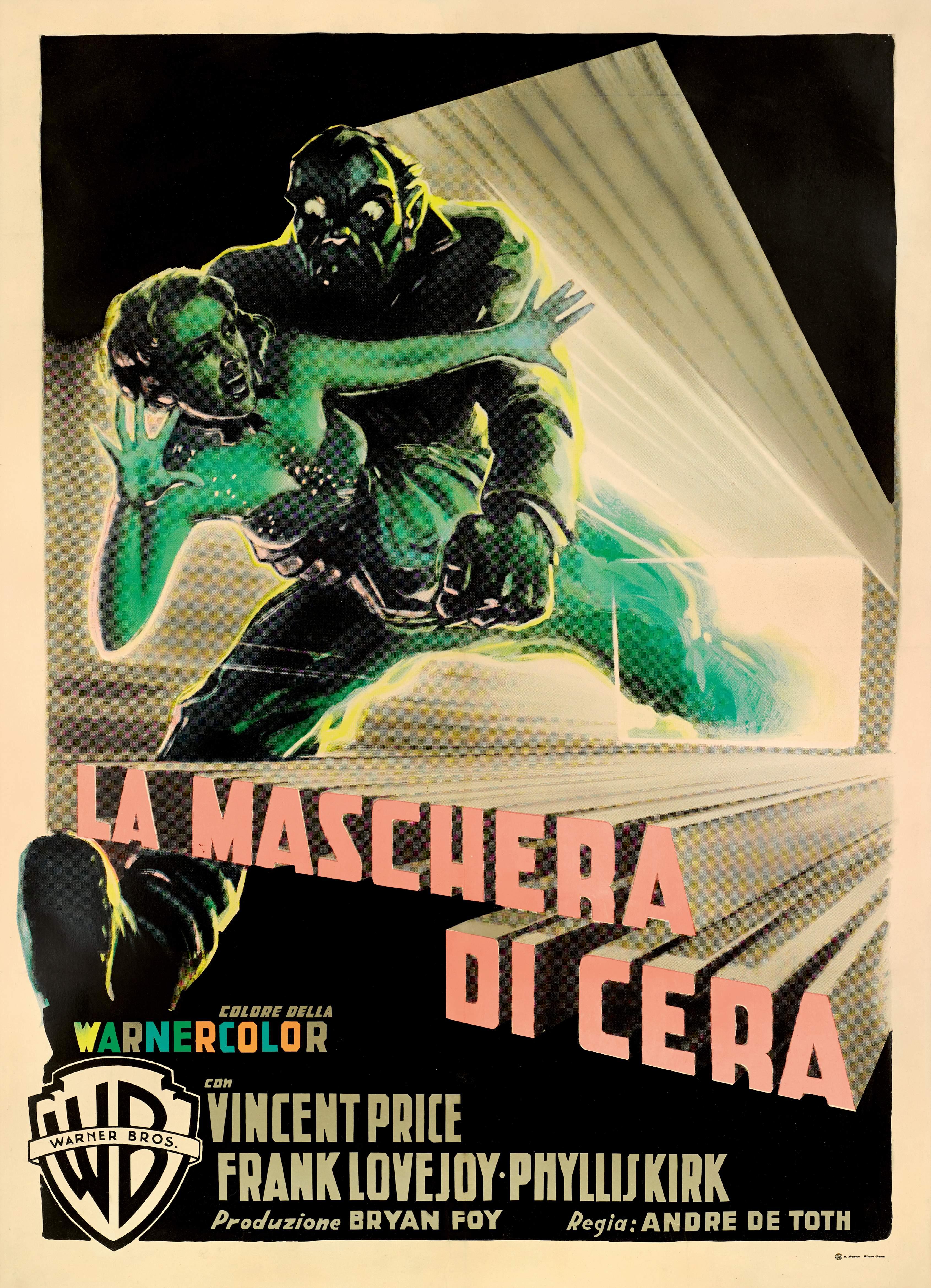 Original exceptionally rare Italian poster, that has only surfaced a few times.
This American colour 3-D horror film was directed by Andre DeToth and stars Vincent Price. It was a remake of the 1933 film Mystery of the Wax Museum. This film was the