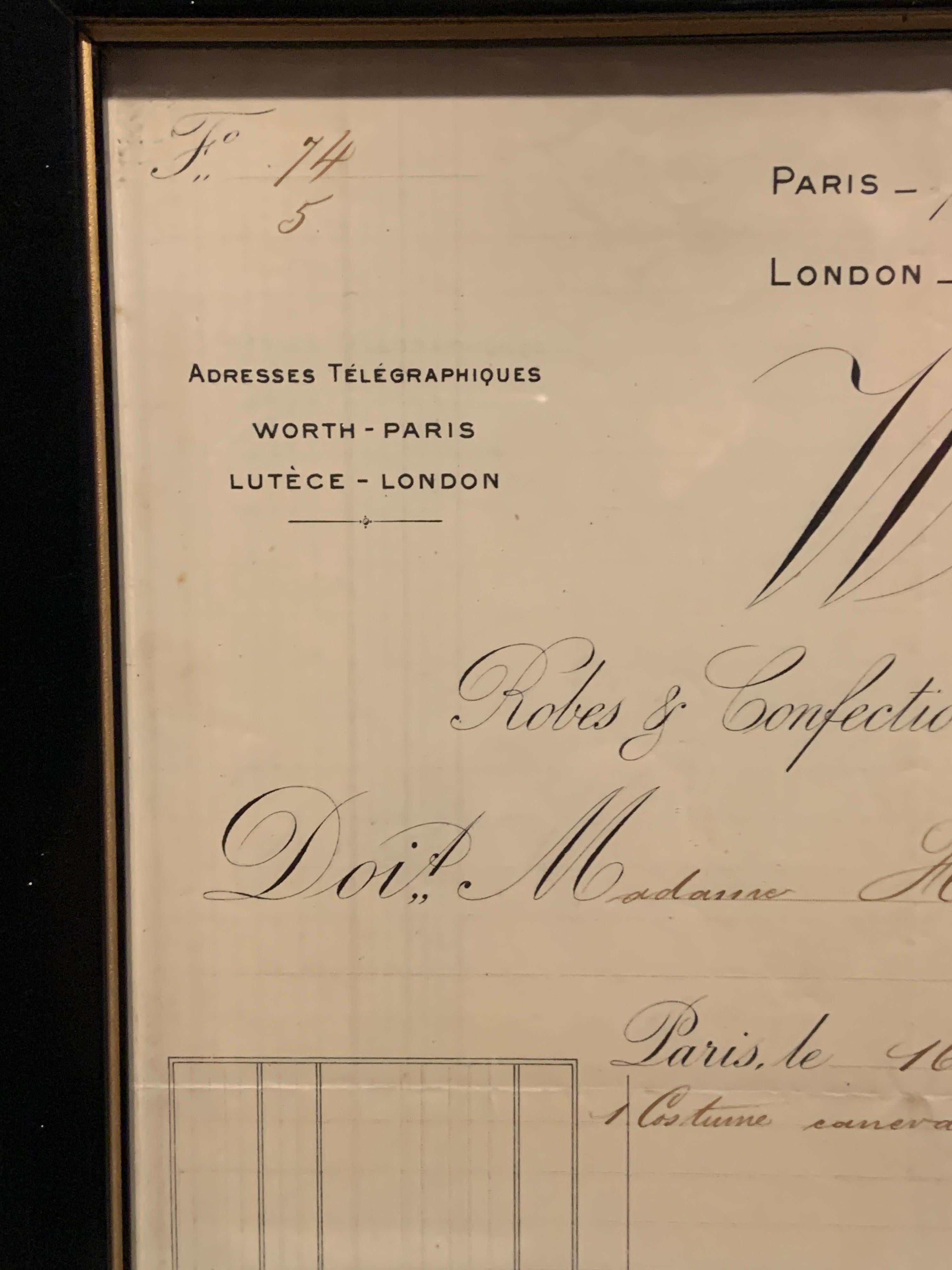 Charles Frederick Worth, the Father of French Couture, started his business in Paris in 1858. His two sons succeeded him in 1895. 
This receipt for Madame Heberton is dated May 16, 1903.  From it we learn that she purchased one outfit made form grey
