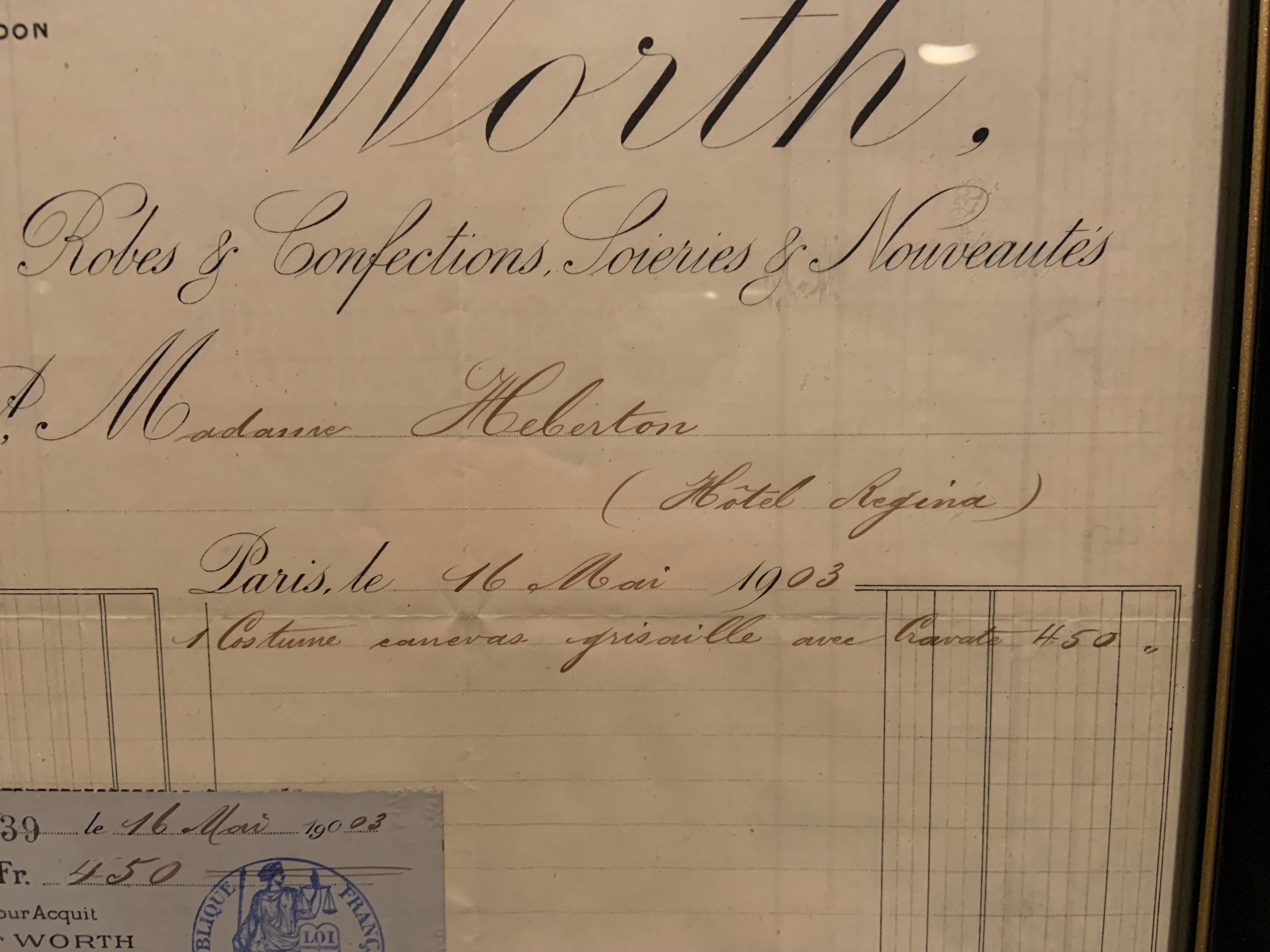 House of Worth Framed Receipt Dated May 1903 In Excellent Condition For Sale In New Hope, PA