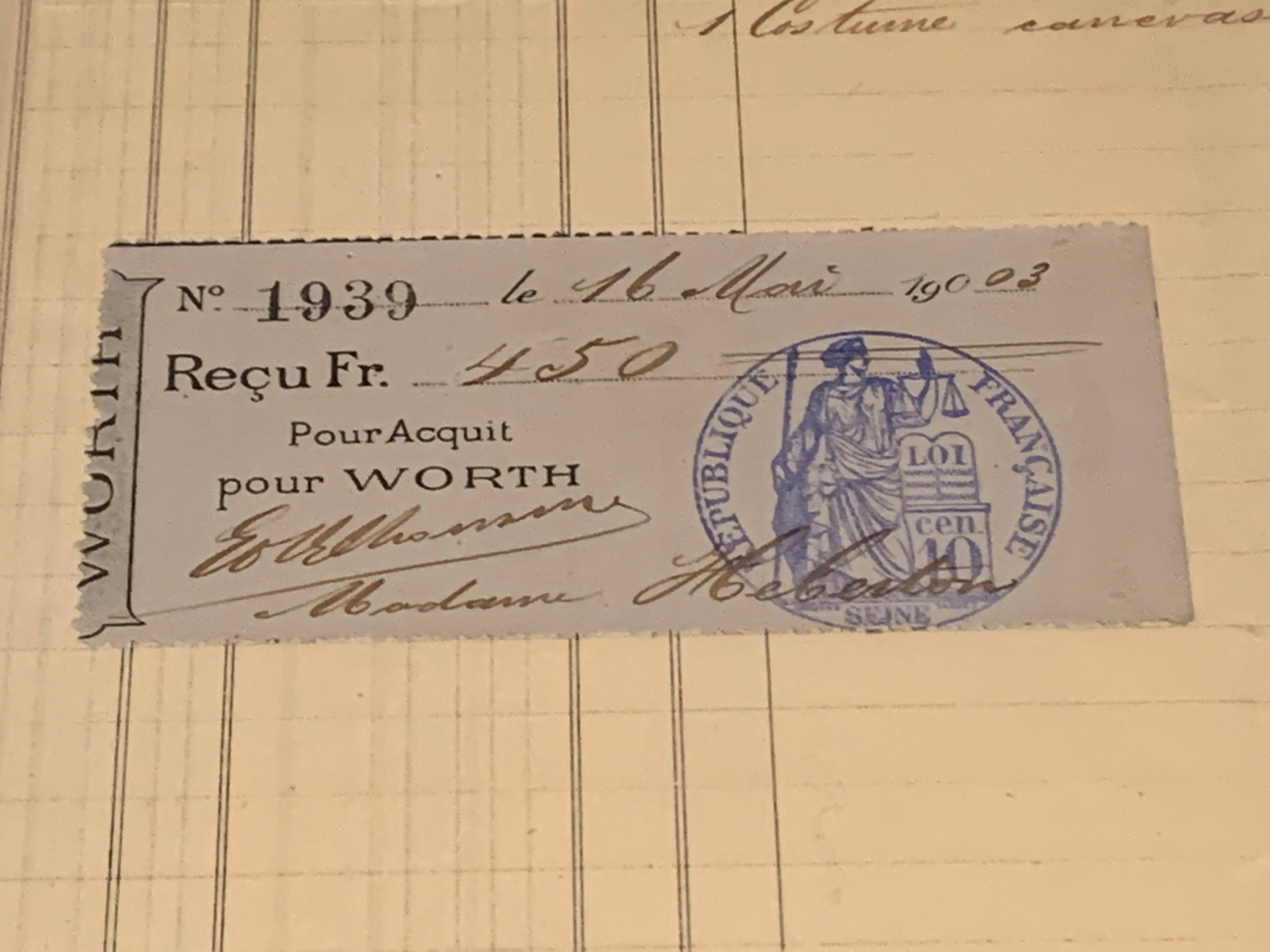 House of Worth Framed Receipt Dated May 1903 For Sale 1
