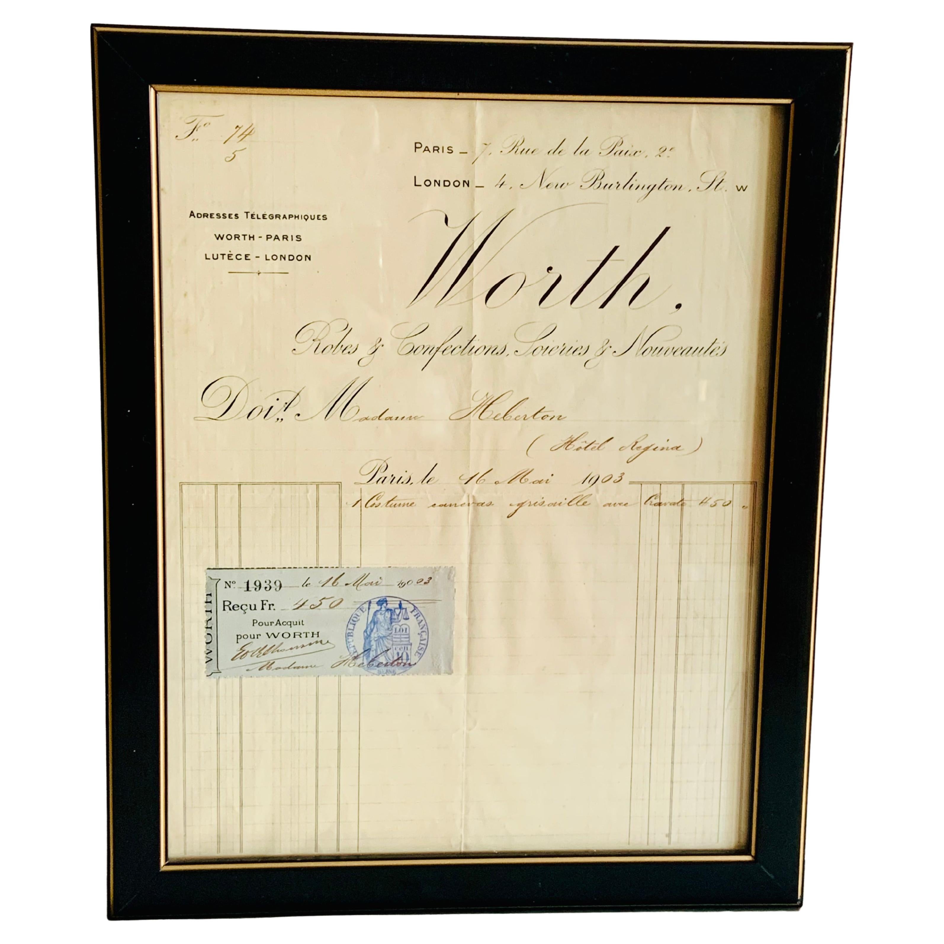 House of Worth Framed Receipt Dated May 1903 For Sale