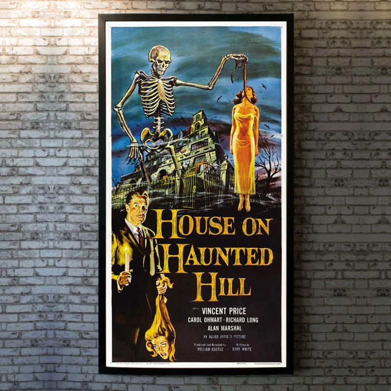 House on Haunted Hill, Unframed Poster, 1959

Three Sheet (41 x 84 inches). Five guests at Frederick Loren's (Vincent Price) party think they're going to make a quick ten grand by spending the night in Loren's house. The unwitting crew