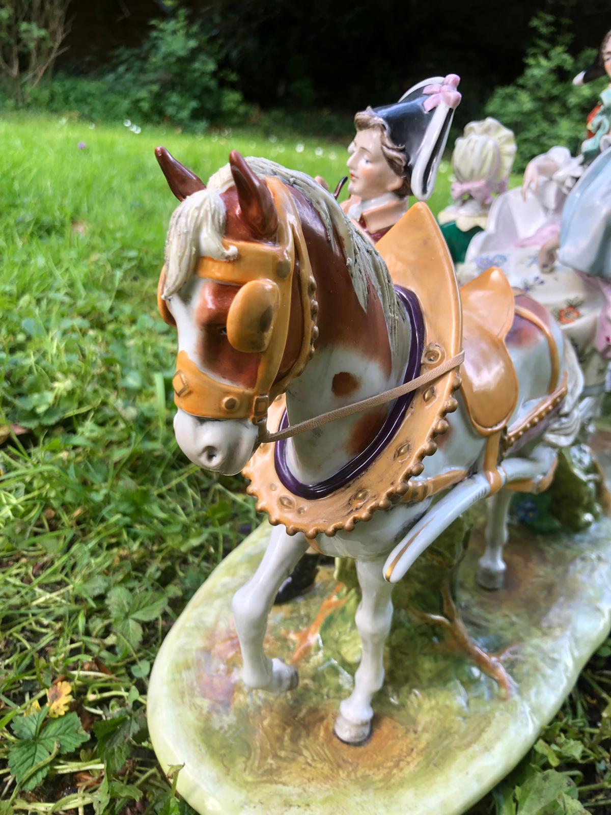 Hand-Painted House Scheibe Alsbach Porcelain Horse-Drawn Carriage with Figures For Sale