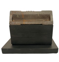 House Sculpture, Minimalist Modern Structure, Rusted Steel Wedge on Wood Blocks