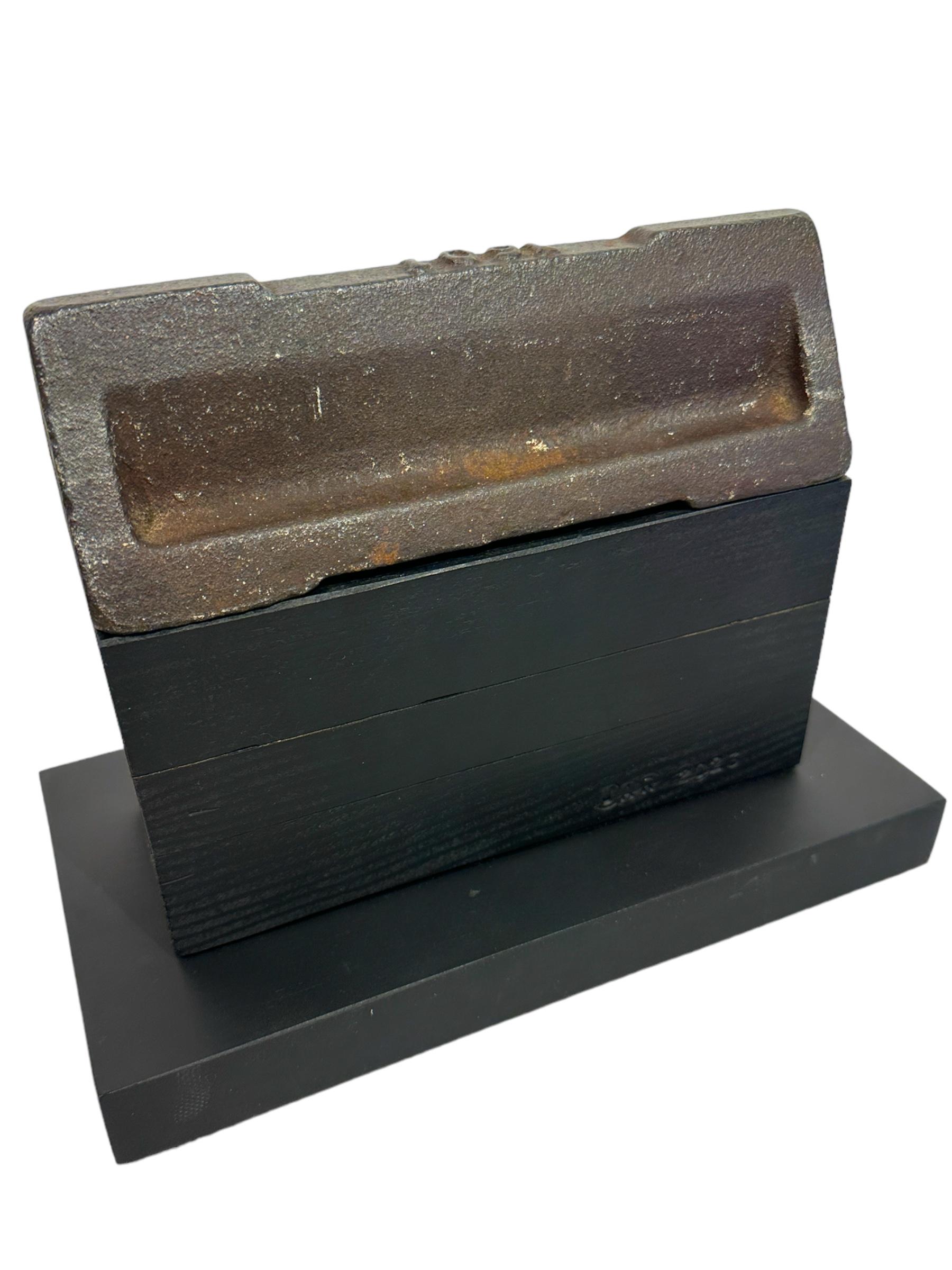 Contemporary House Sculpture, Minimalist Modern Structure, Rusted Steel Wedge on Wood Blocks For Sale
