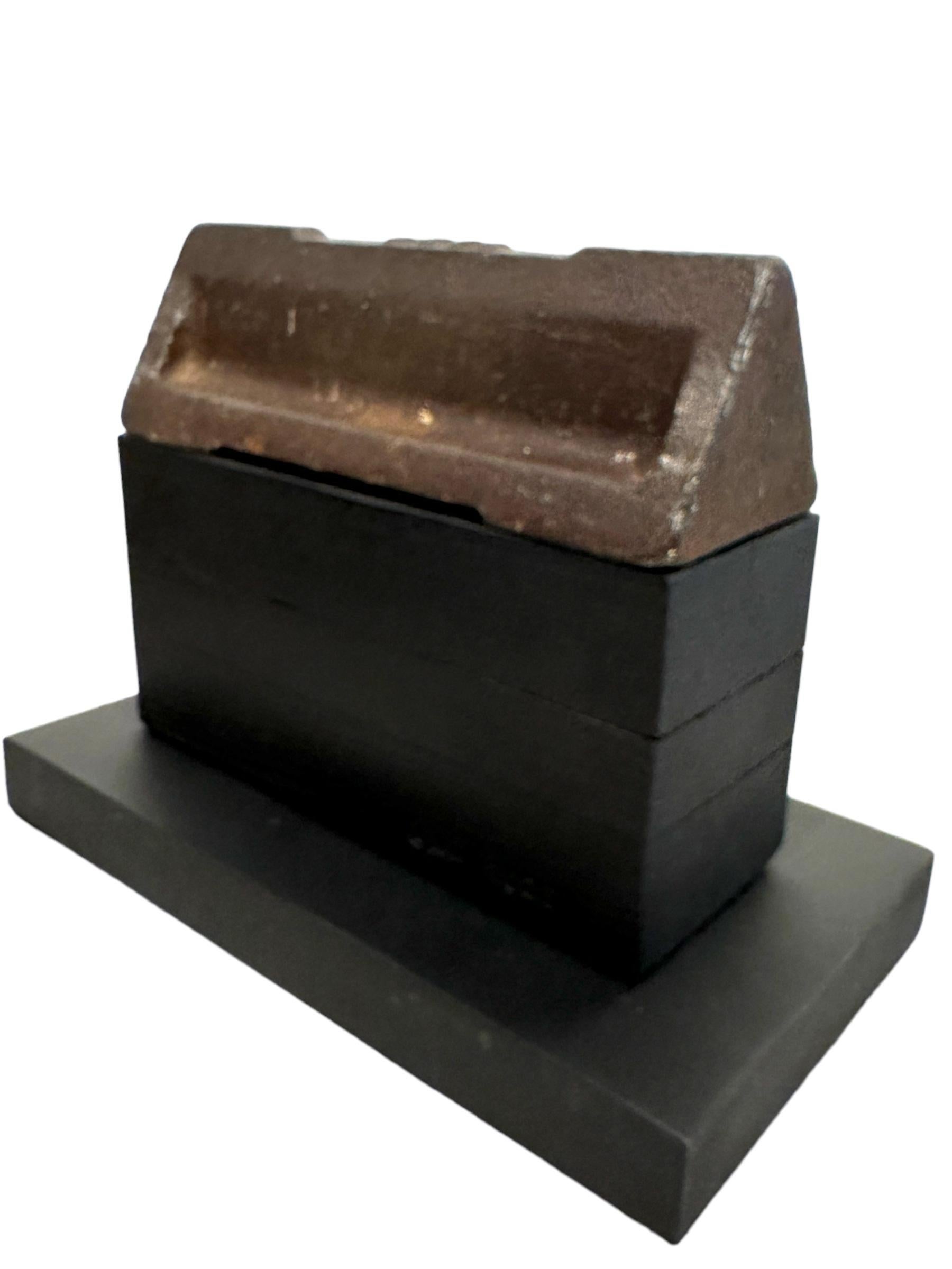 Metal House Sculpture, Minimalist Modern Structure, Rusted Steel Wedge on Wood Blocks For Sale