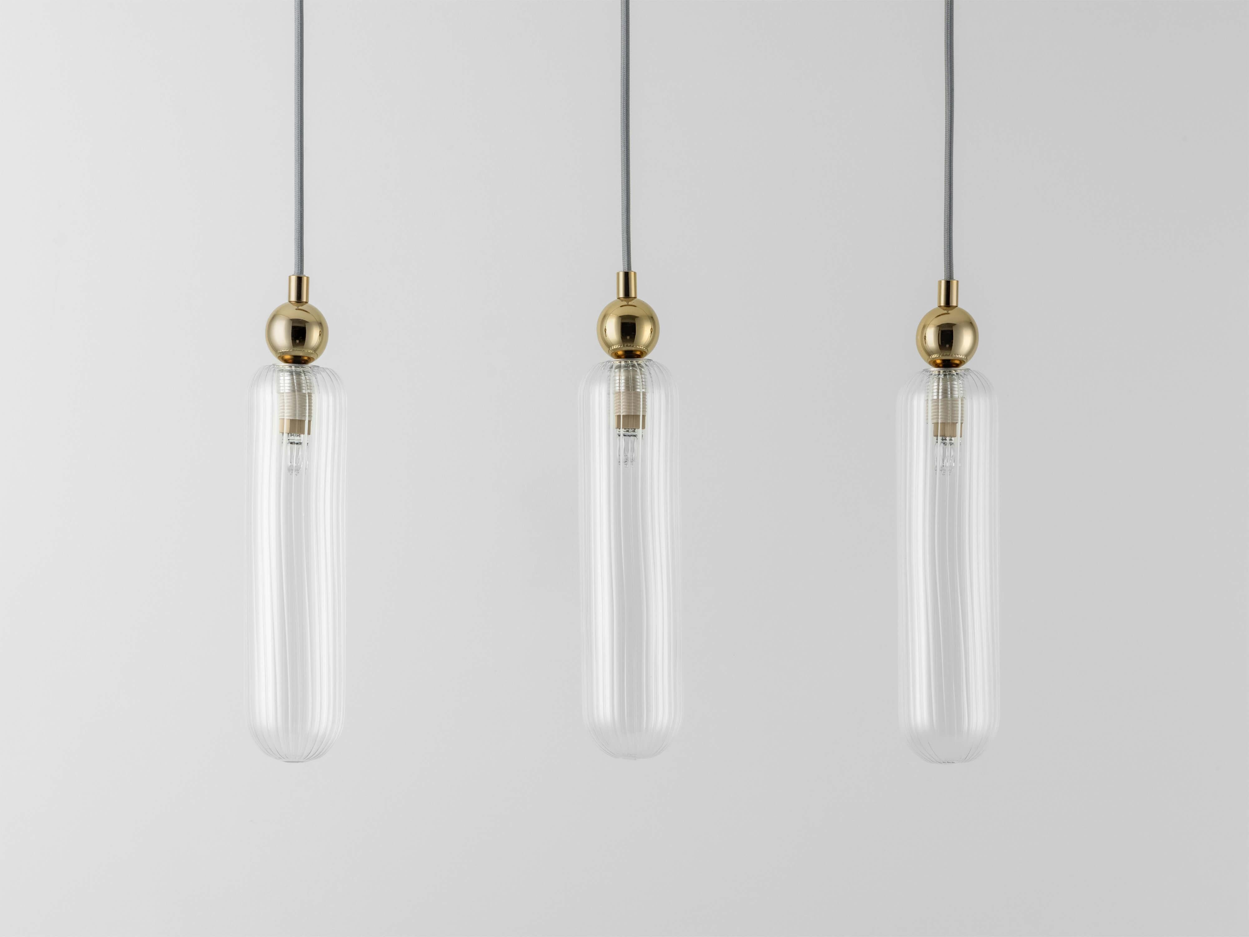 Scandinavian Modern Houseof Brass and Ribbed Glass Cluster Ceiling Light For Sale