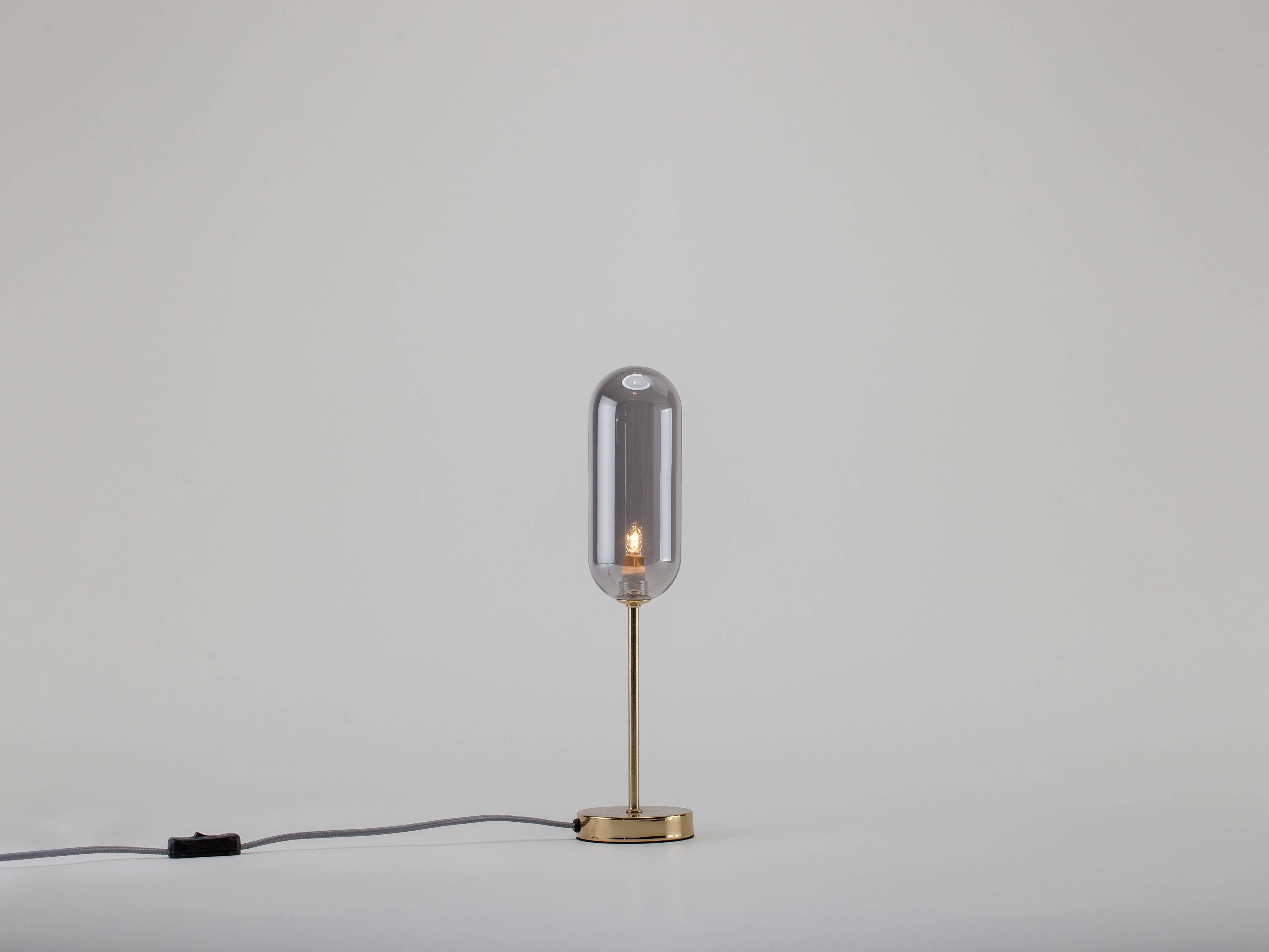 Mid-Century Modern Houseof Brass and Smoked Glass Pill Table Lamp For Sale