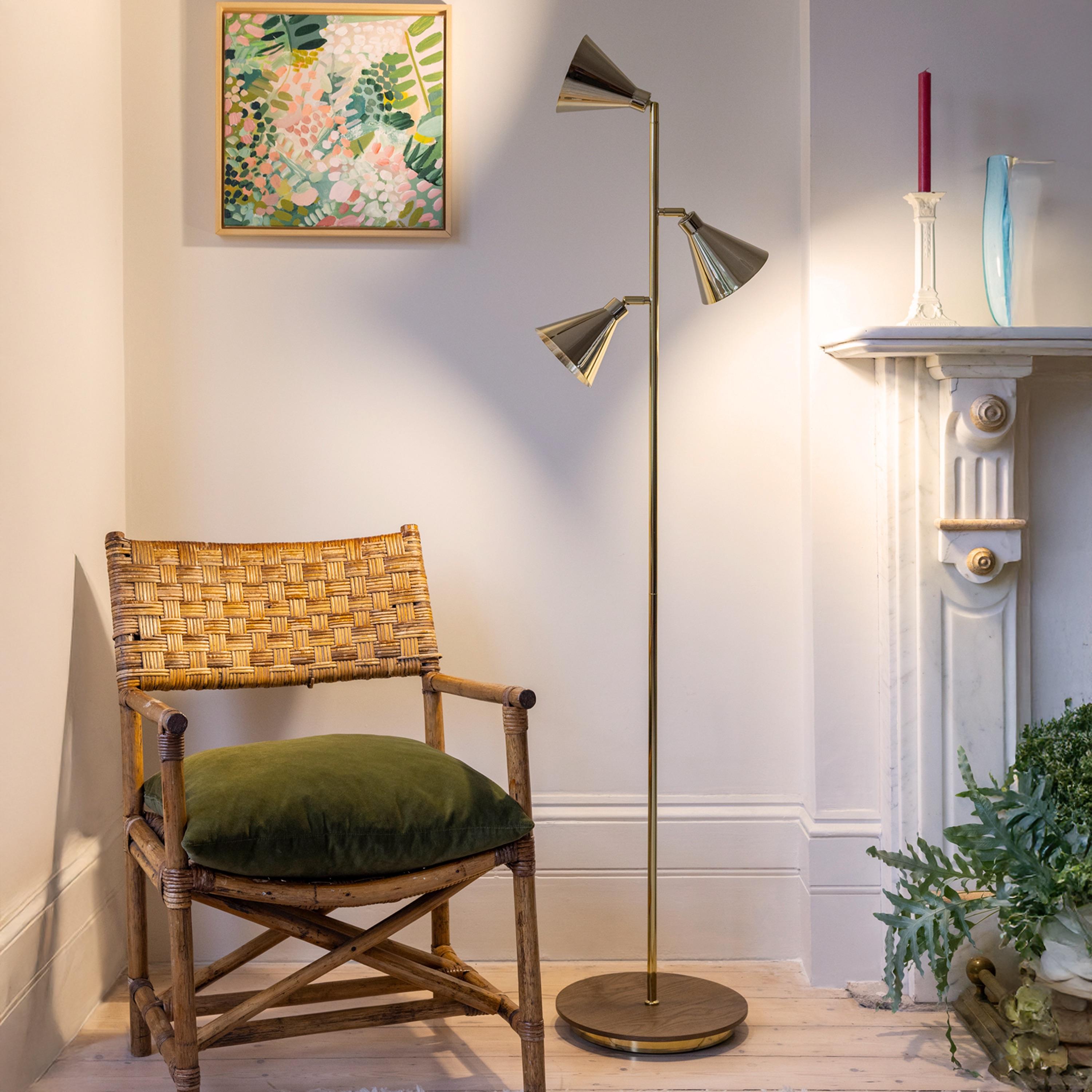 Part of houseof’s sculptural cone collection, this brass floor lamp is a functional showstopper. With three adjustable cone heads, it allows you to angle the light exactly where it’s needed... ideal for reading corners, living rooms or home