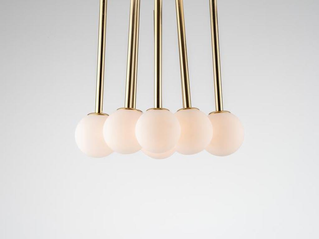 Chinese Houseof Brass Opal Ball Cluster Ceiling Light with Metal and Glass Shade For Sale