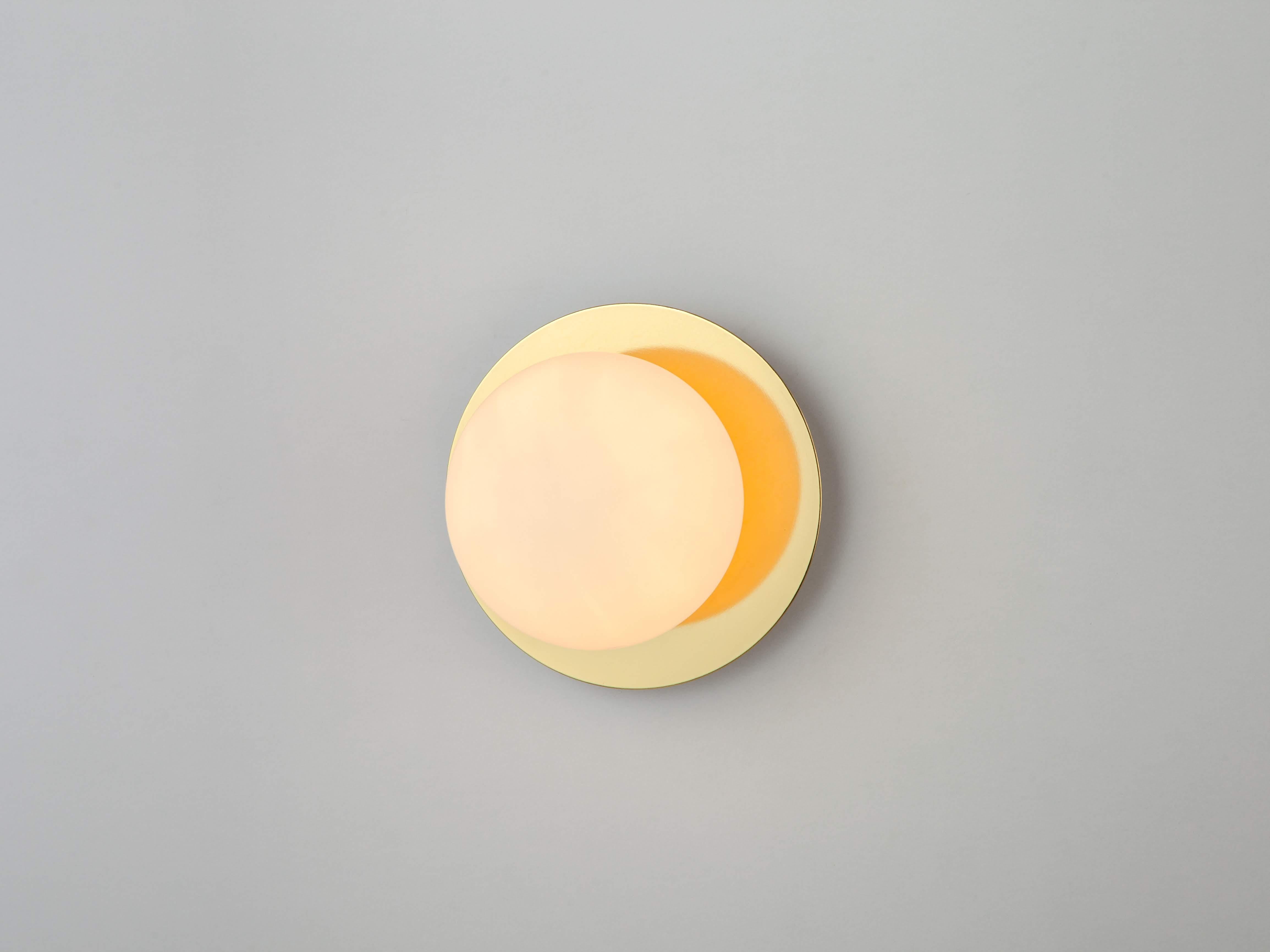 Mid-Century Modern Houseof Brass Opal Disk Wall Light with Metal and Glass Shade For Sale