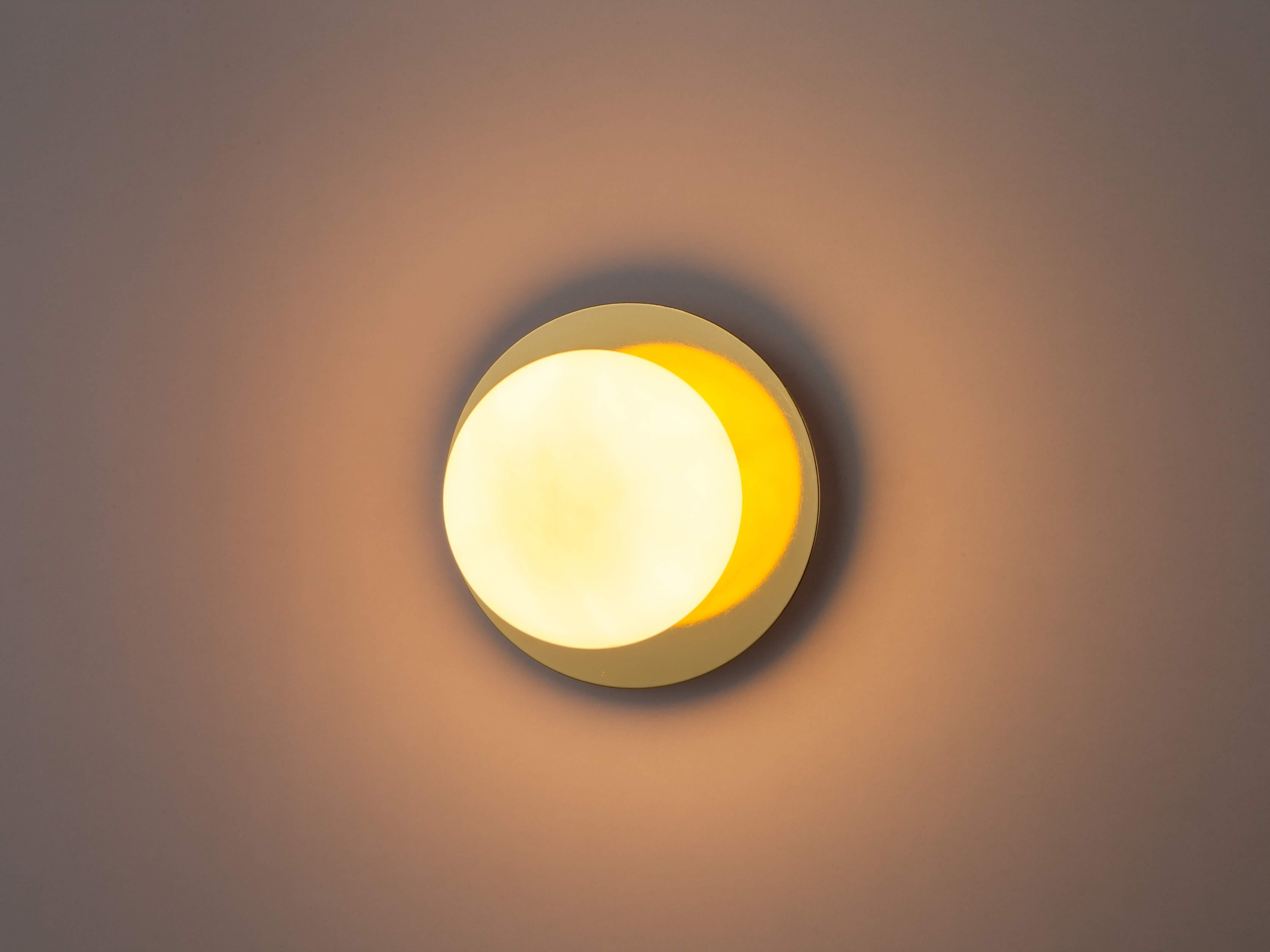 Chinese Houseof Brass Opal Disk Wall Light with Metal and Glass Shade For Sale
