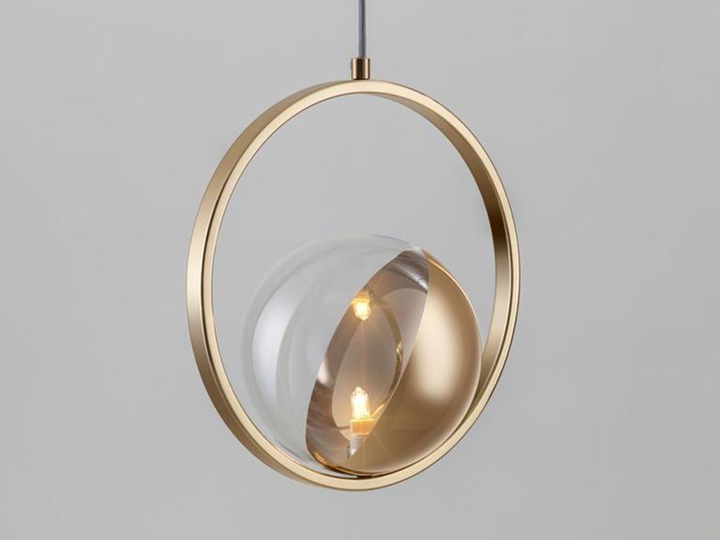 Mid-Century Modern Houseof Brass Ring Ceiling Light with Metal and Glass Shade