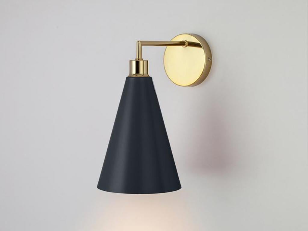 Contemporary Houseof Charcoal Grey Cone Shade Wall Light with Metal and Brass For Sale