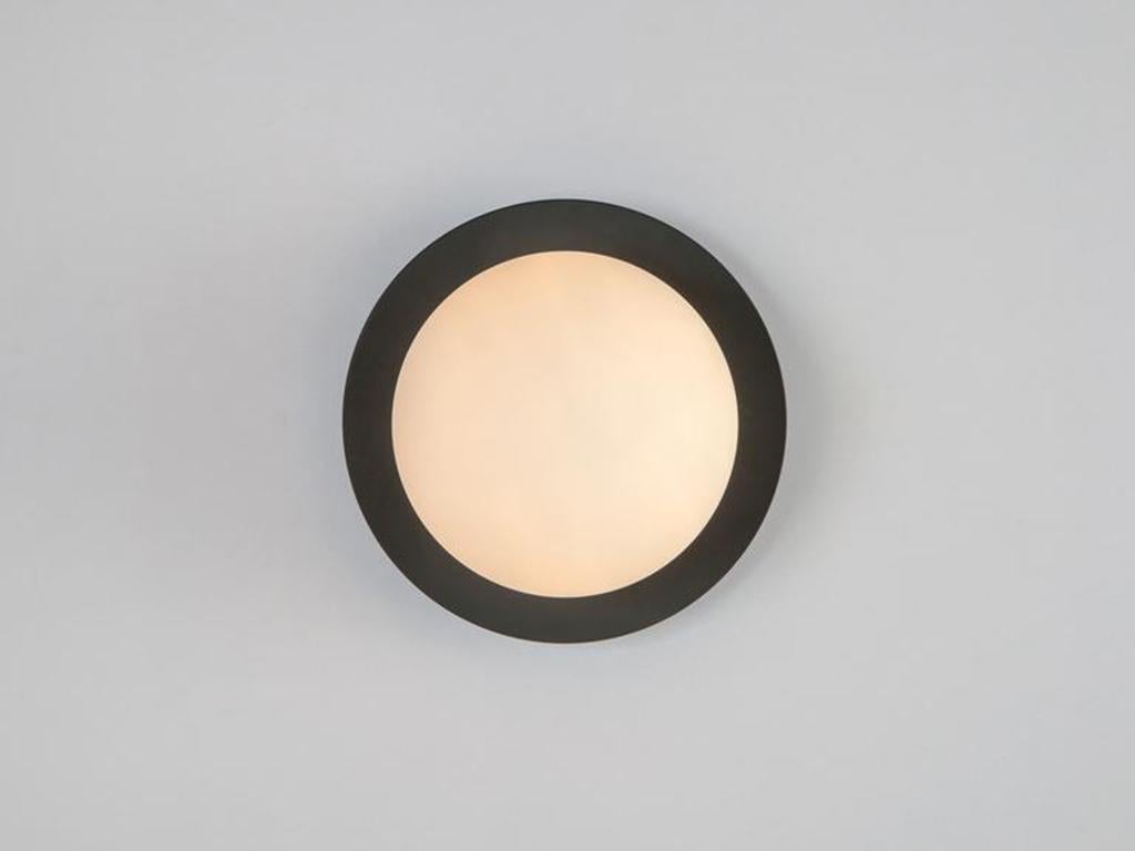 Mid-Century Modern Houseof Charcoal Grey Opal Disk Wall Light with Metal and Glass Shade For Sale