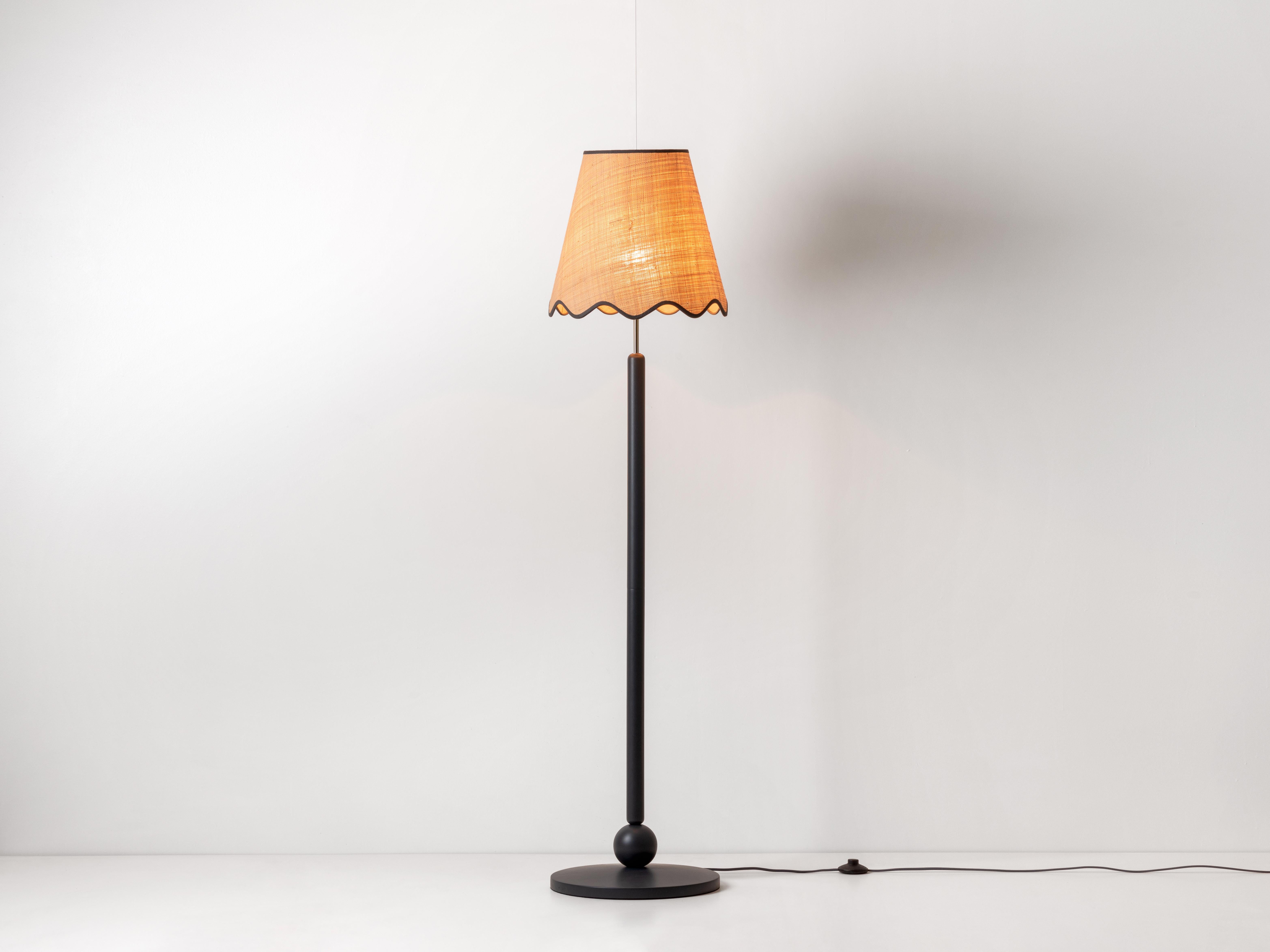 Scandinavian Modern Houseof Charcoal Grey Turned Wood Lamp with Raffia Shade