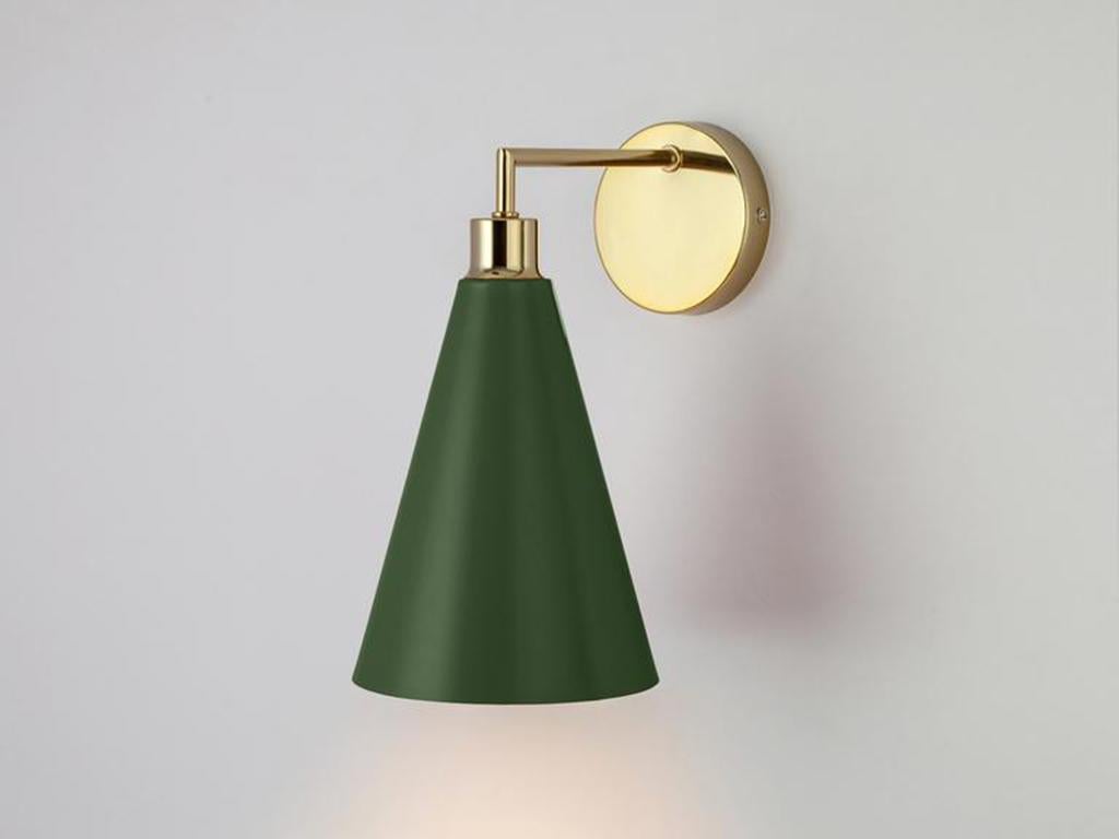 Painted Houseof Olive Green Cone Shade Wall Light with Metal and Brass For Sale