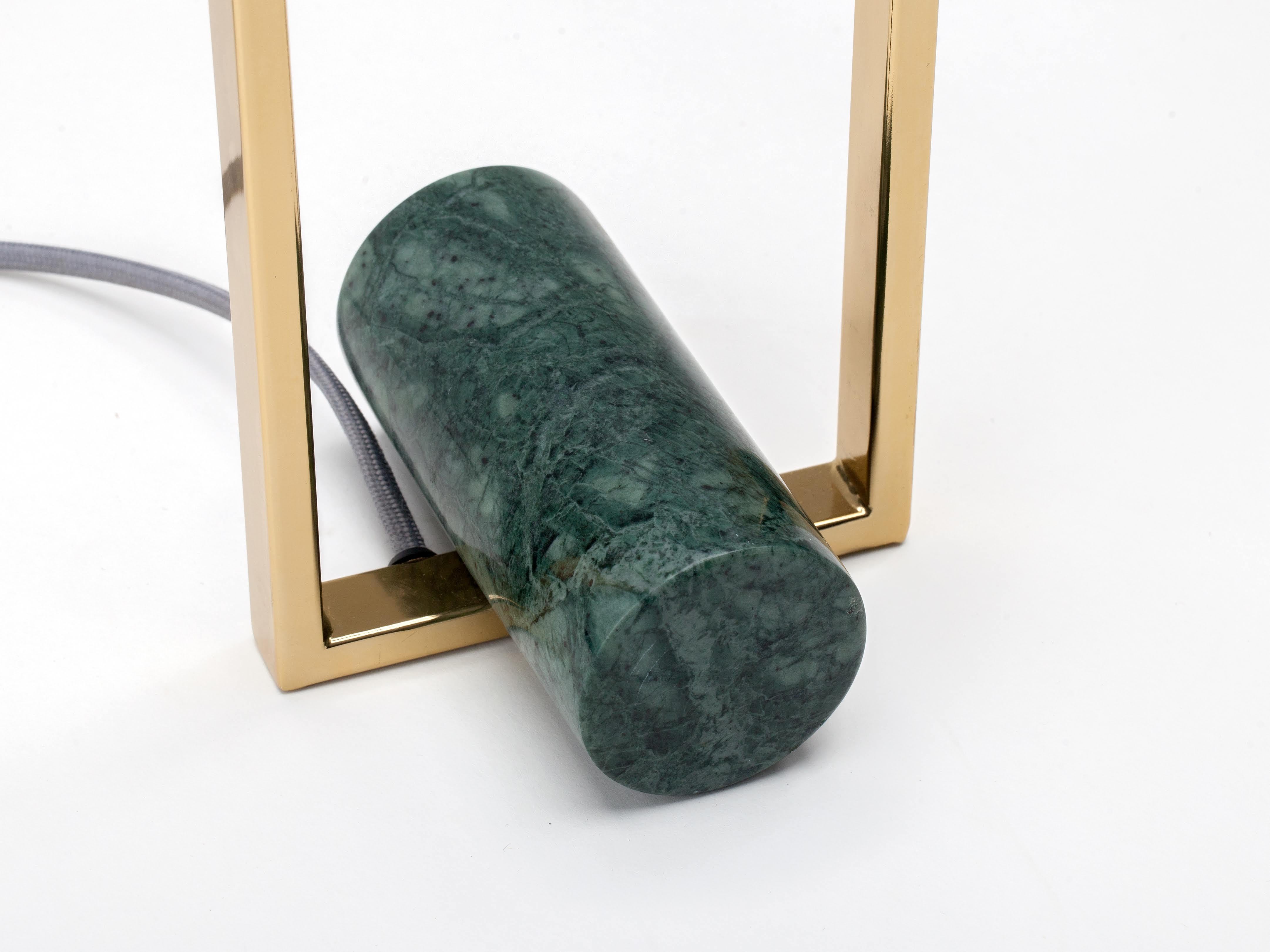 Plated Houseof Olive Green Marble and Brass Column Table Lamp For Sale