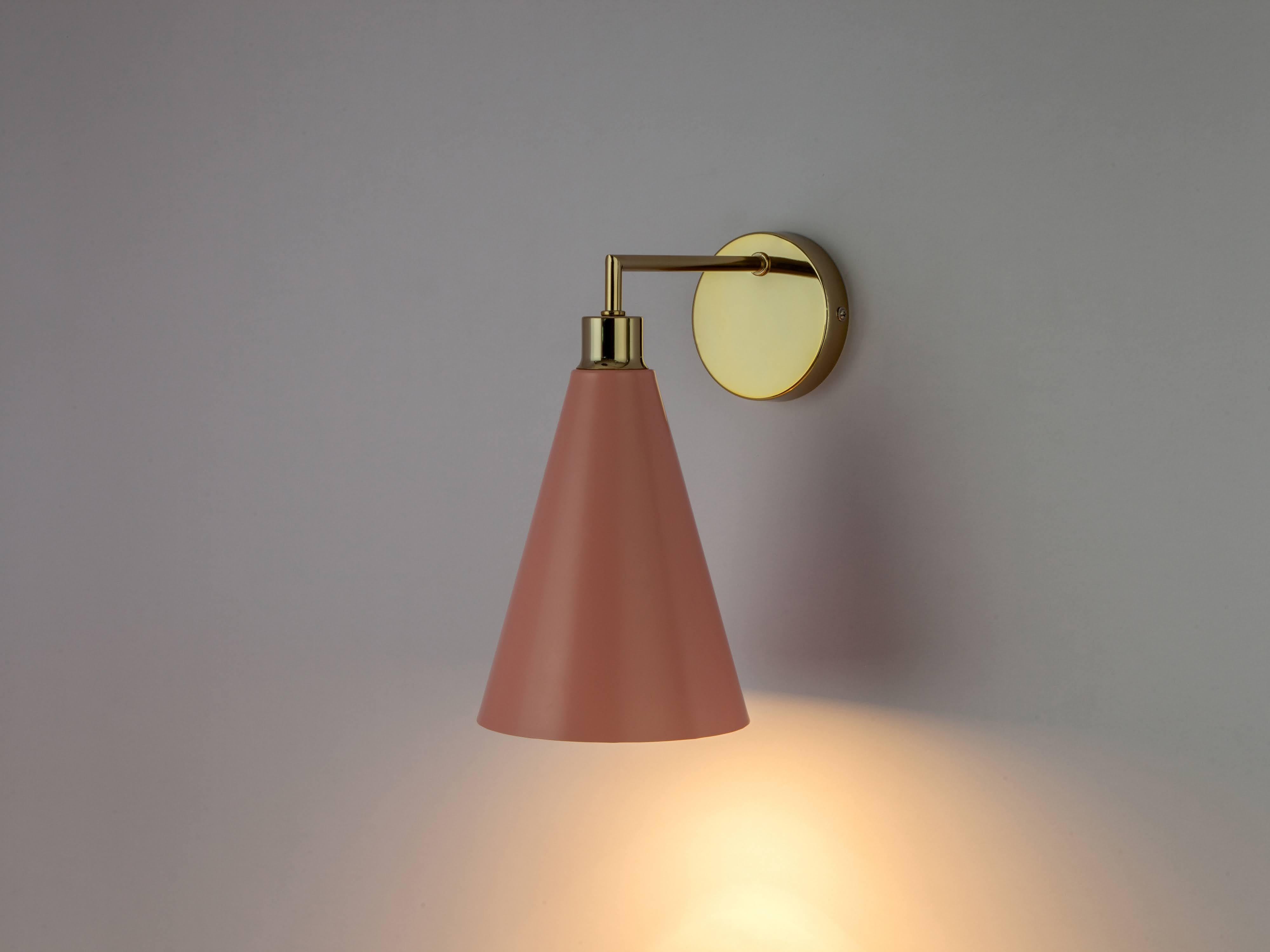 Scandinavian Modern Houseof Pink Cone Shade Wall Light with Metal and Brass