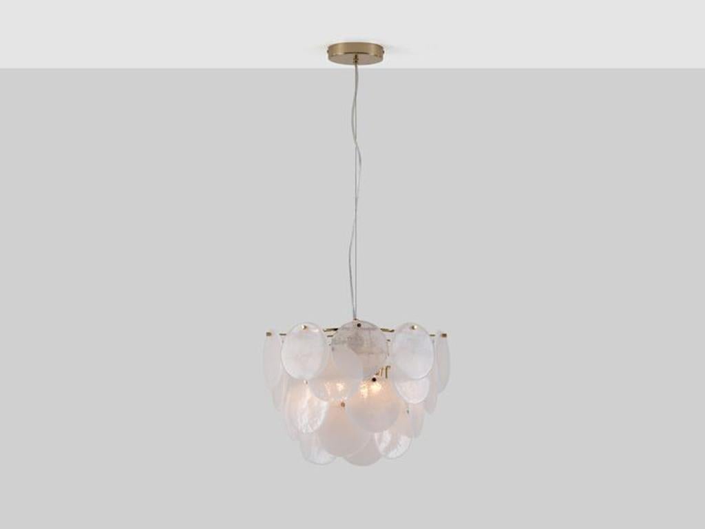 This unique chandelier is perfect for creating a soft, warm ambience. The adjustable brass frame suspends an array of frosted glass shades, which refract and deflect a warm ambient glow. Ideal for a bedroom. The colour of peace, calm and serenity,