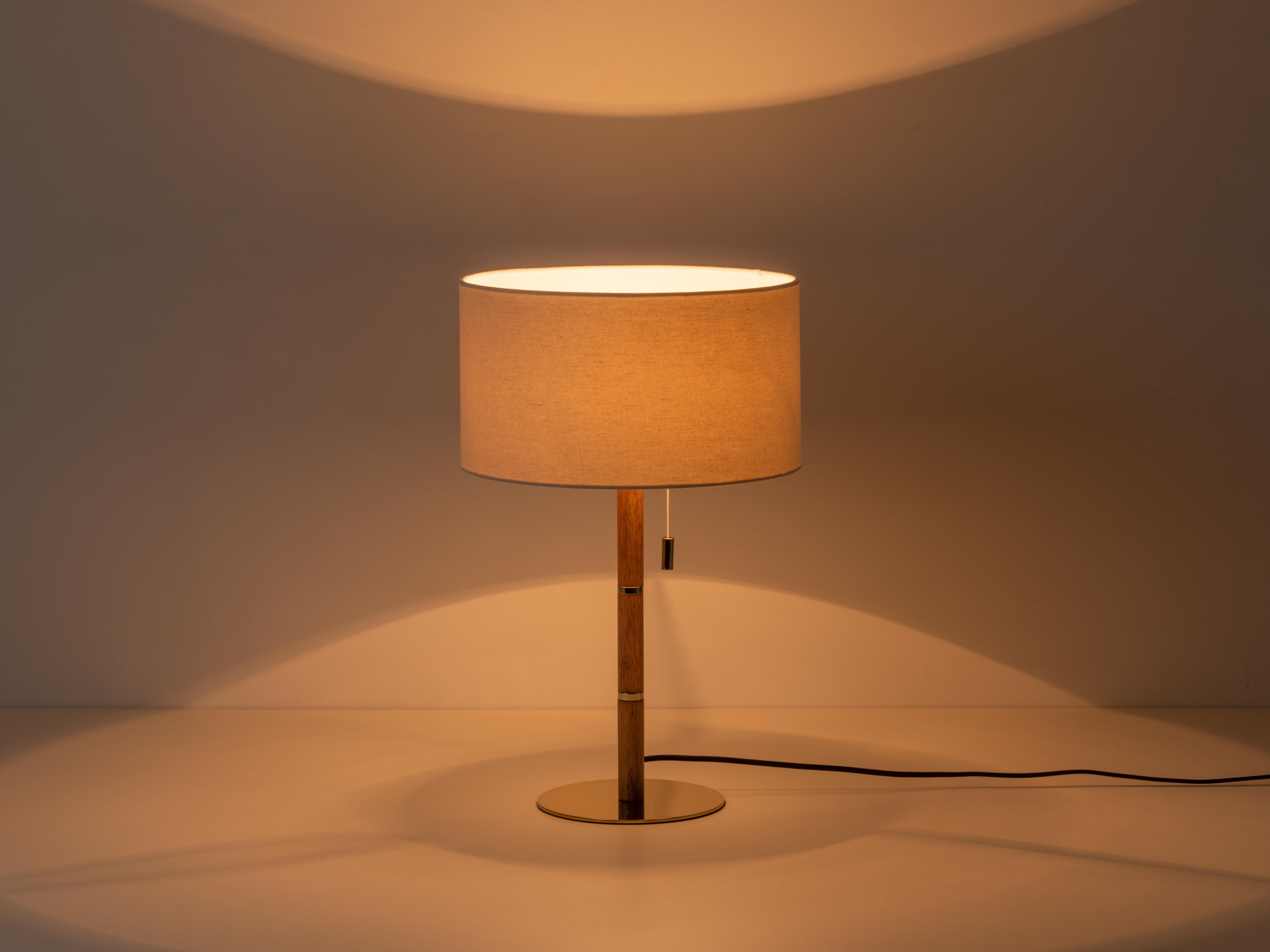 Chinese Houseof Wooden and brass disk table lamp