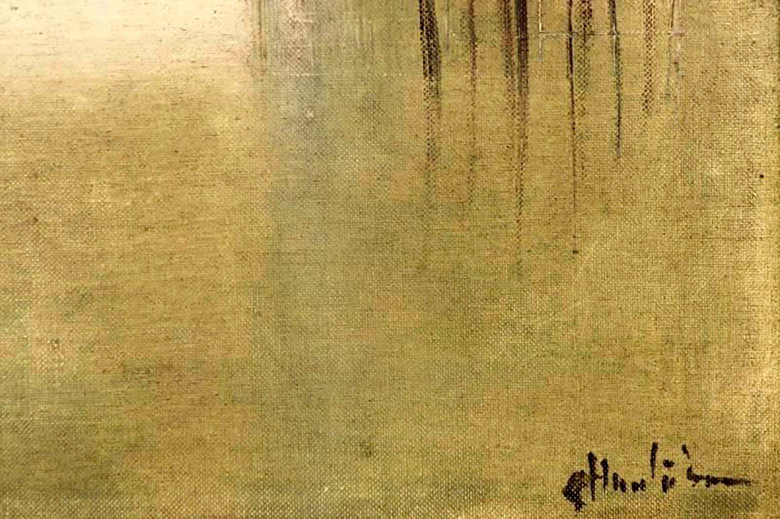 Romantique « Houses And River », grande huile impressionniste sur toile signée A. Huntington en vente