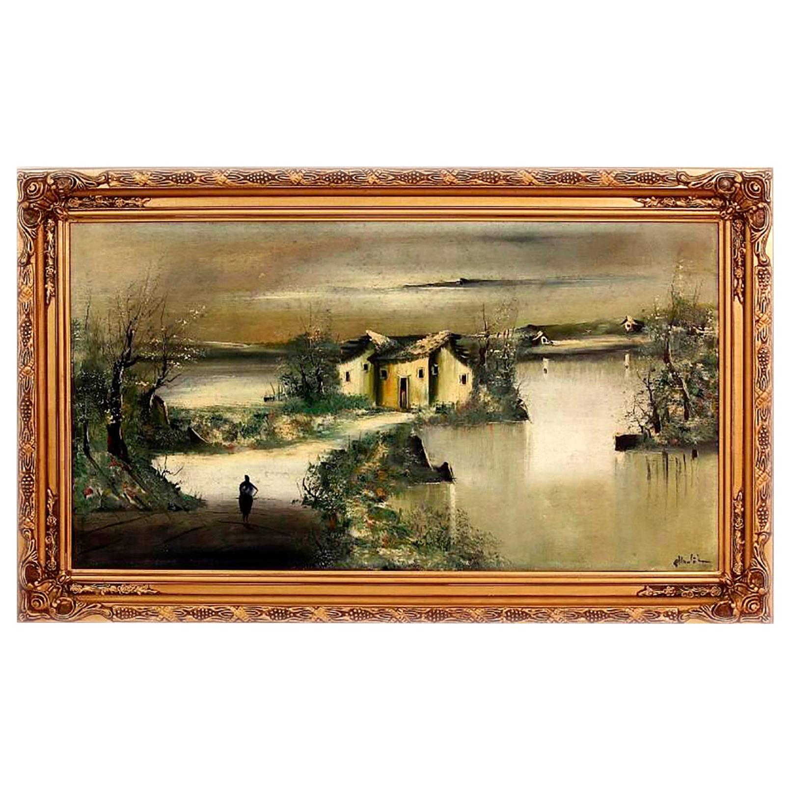 „Houses And River“ Großes impressionistisches Ölgemälde auf Leinwand Signiert A. Huntington im Angebot