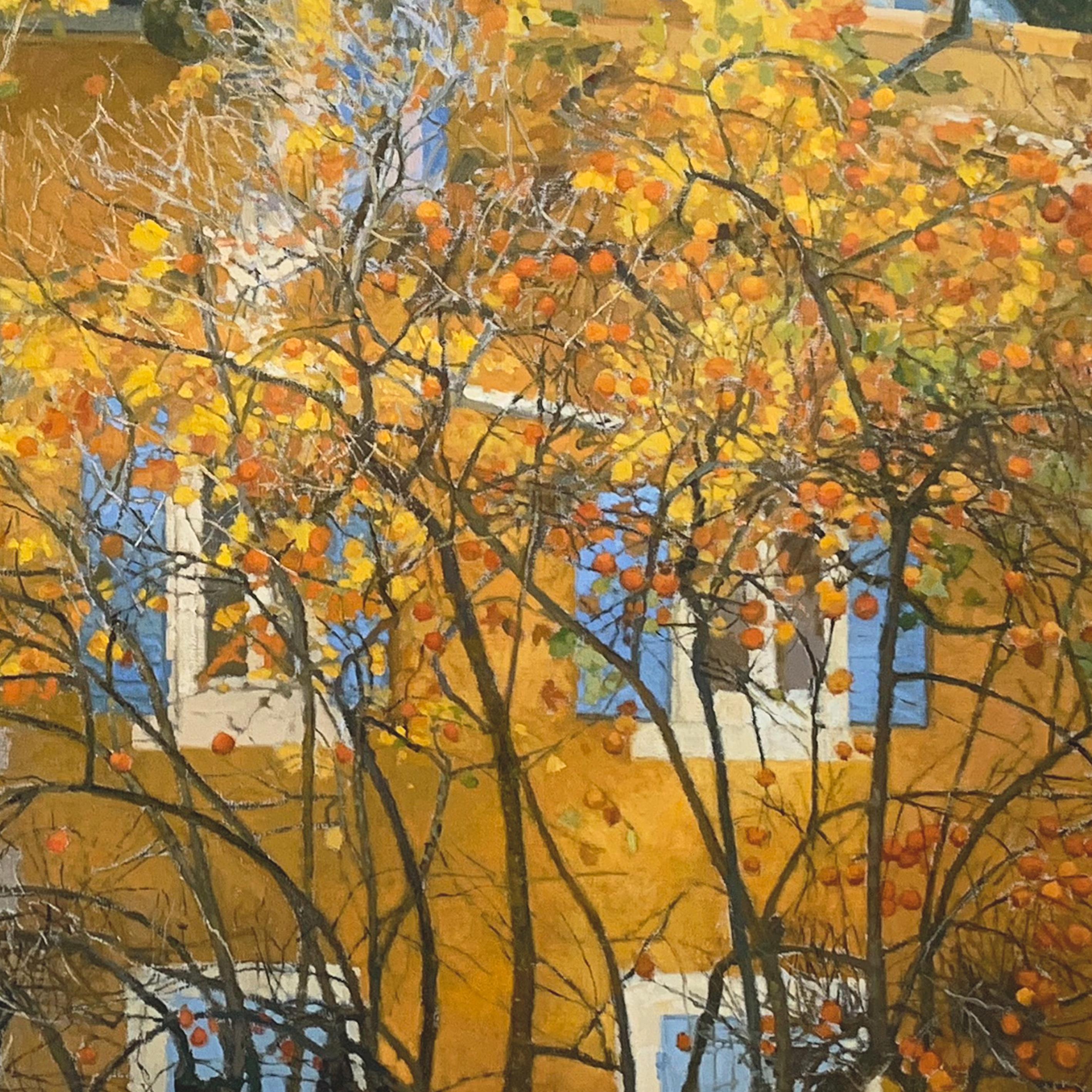 Peint à la main Les maisons derrière les kakis, Nicholas Verrall RBA ROI en vente