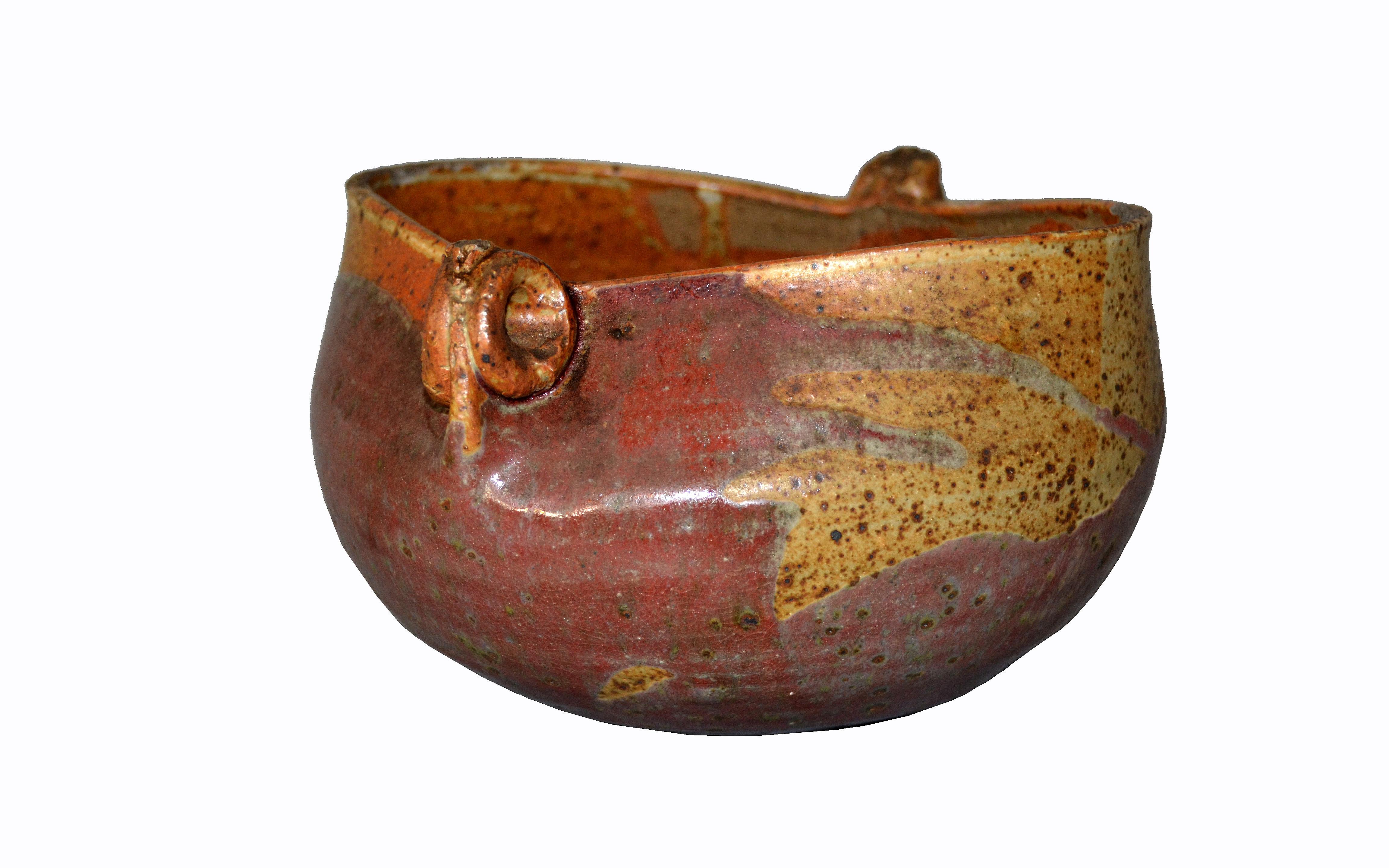 Glazed Houston 75 Mid-Century Modern Brown & Red Pottery Earthenware Round Bowl Vessel For Sale