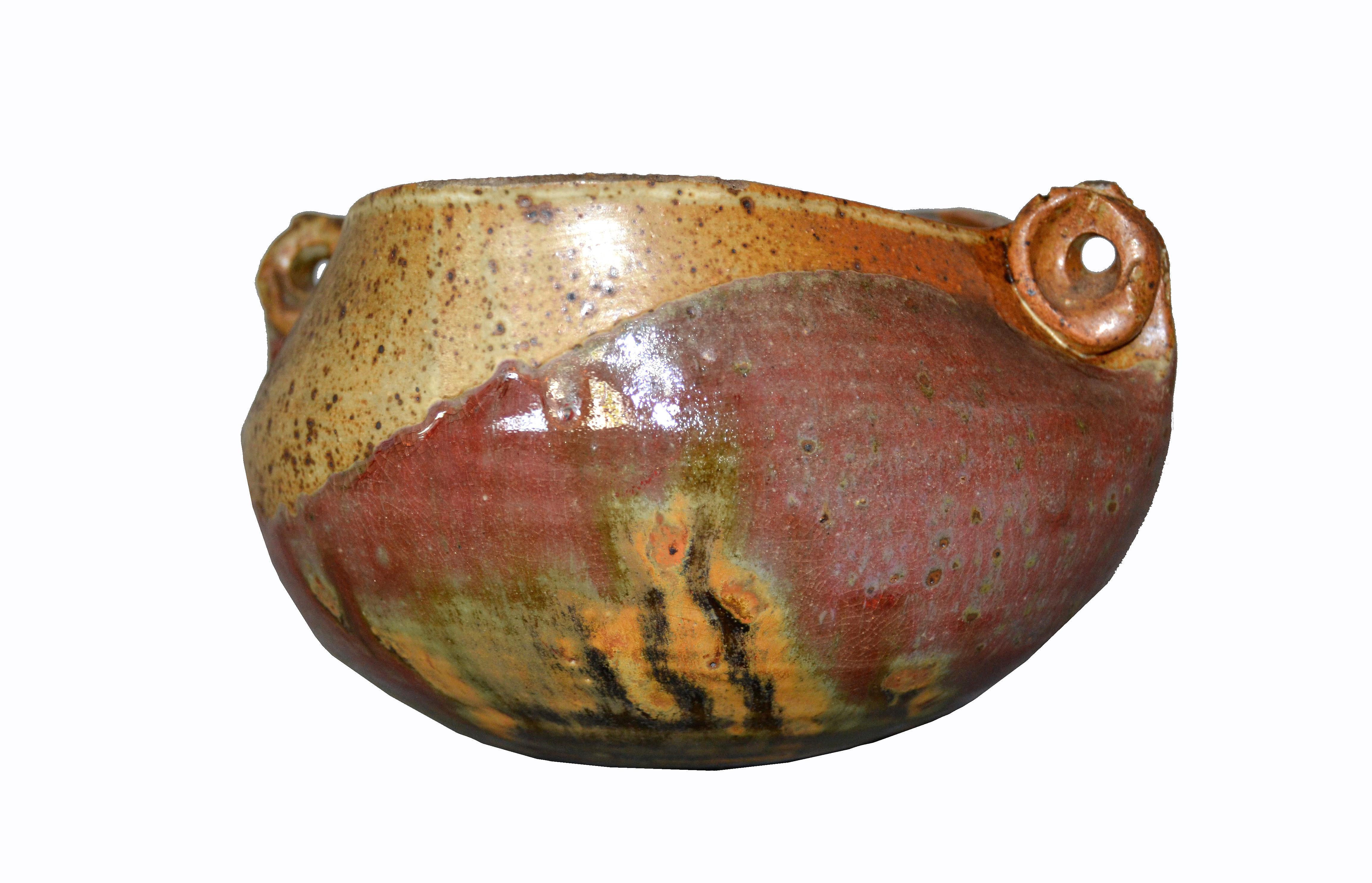 Houston 75 Mid-Century Modern Brown & Red Pottery Earthenware Round Bowl Vessel In Good Condition For Sale In Miami, FL