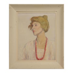 Vintage Naturalistic Portrait of Woman in a White Dress & Pink Beaded Necklace Painting