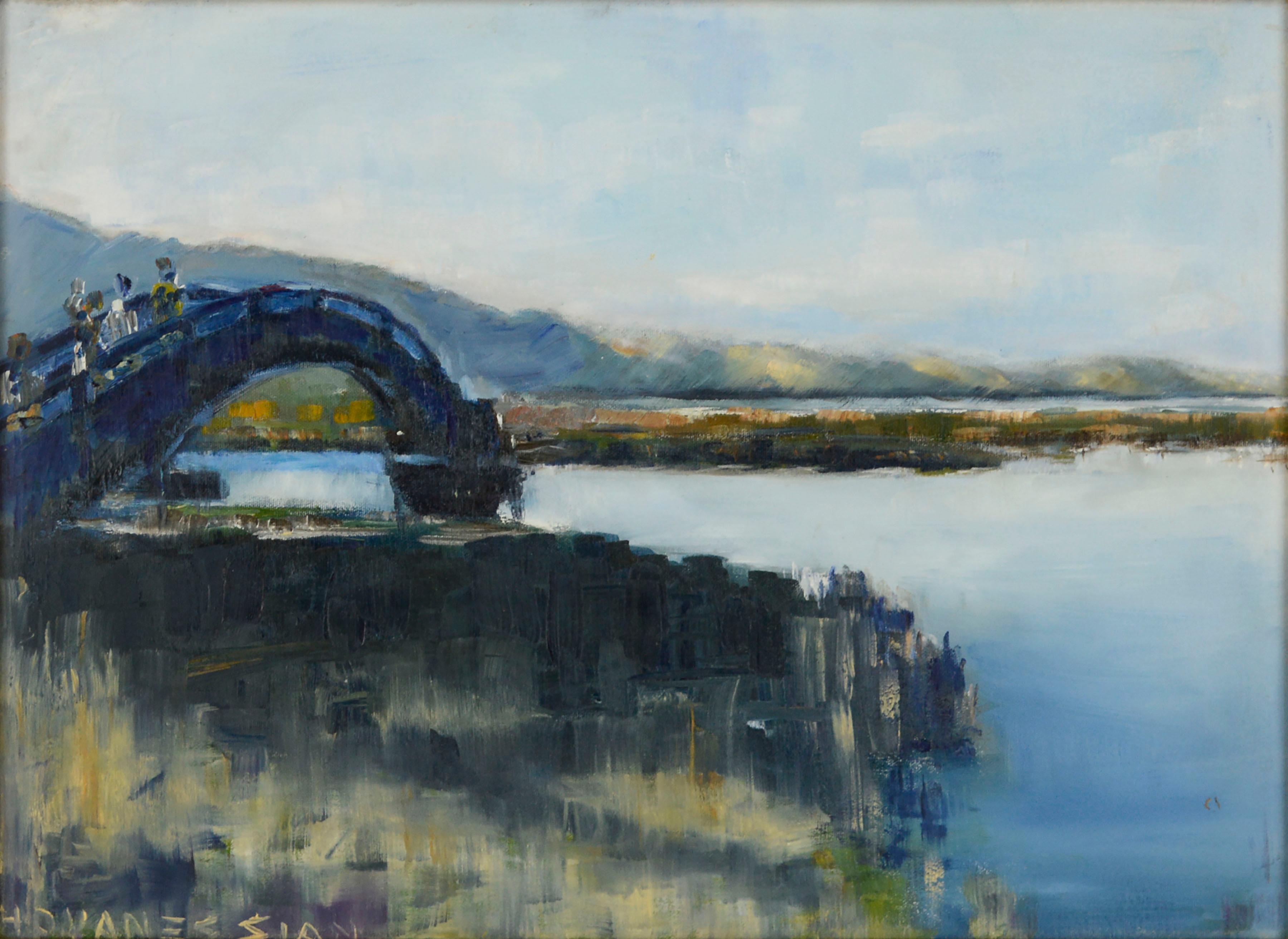 Over the Bridge, Armenia - Mid Century Figurative Landscape  - Painting by Hovanessian