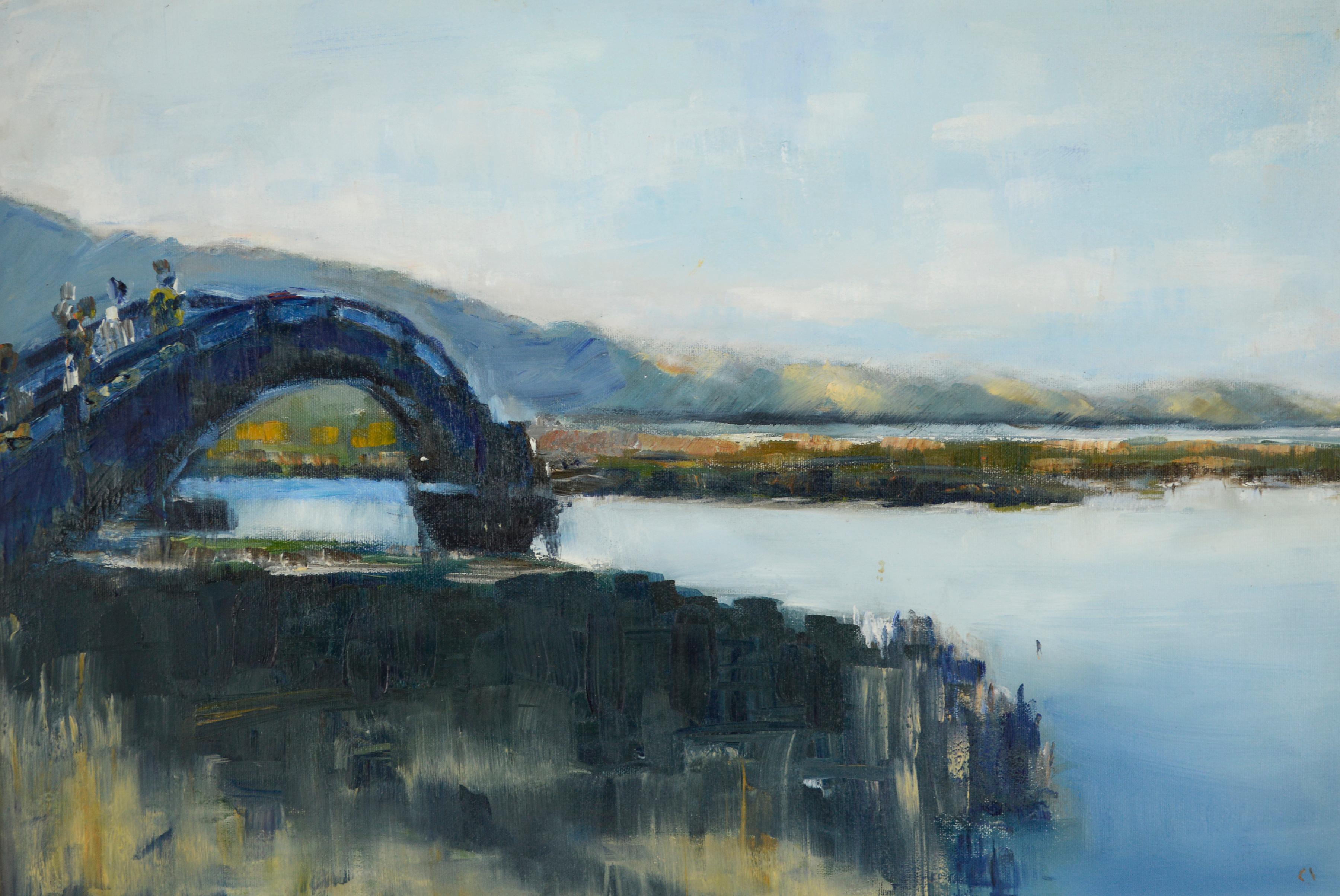 Over the Bridge, Armenia - Mid Century Figurative Landscape  - Impressionist Painting by Hovanessian