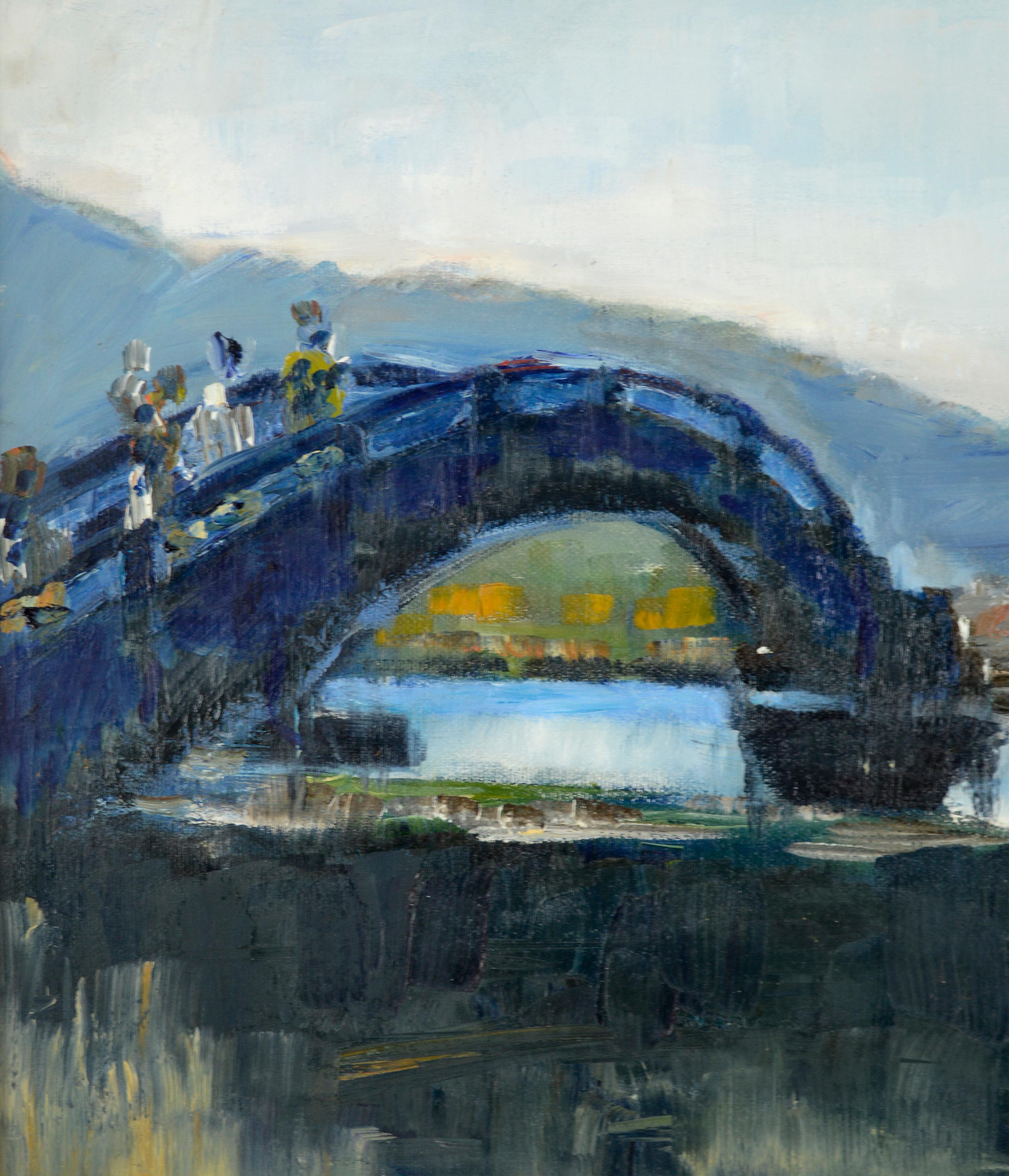 Over the Bridge, Armenia - Mid Century Figurative Landscape  - Brown Figurative Painting by Hovanessian