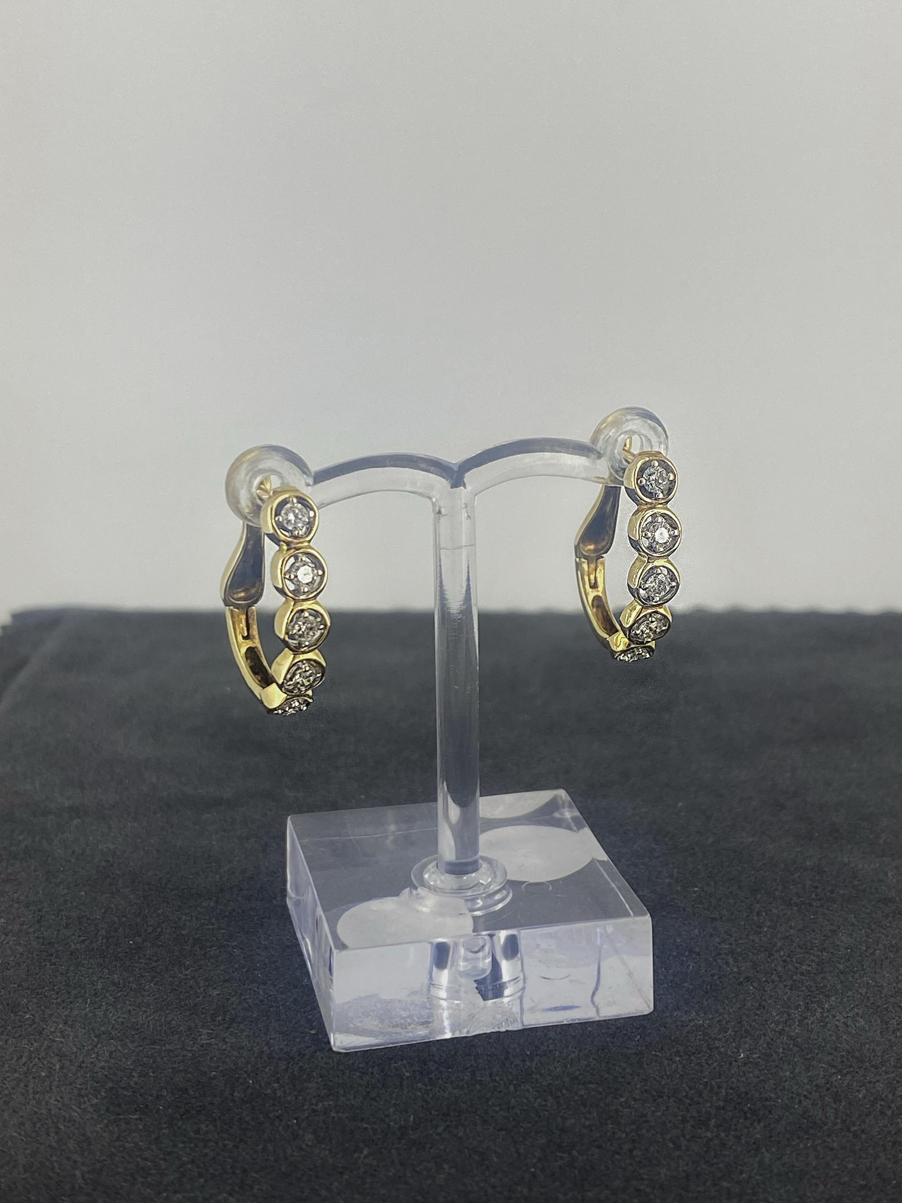 14K Yellow Gold & 0.80ct Diamond Half Hoop Earrings, English Locks, 22mm long. For Sale