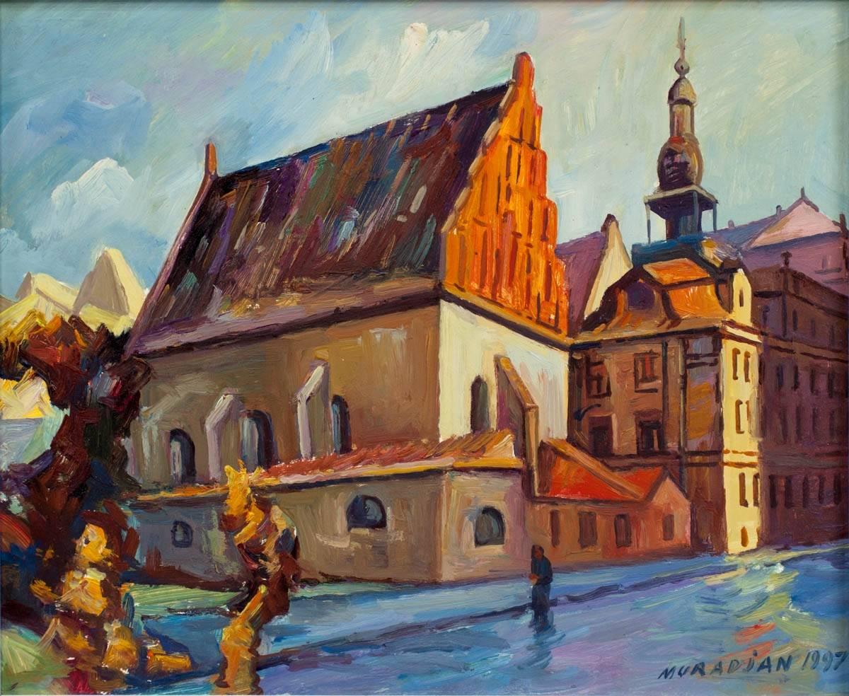 Judaica Pittura a olio Altneuschul Maharal Sinagoga Praga - Painting di Hovik Muradian