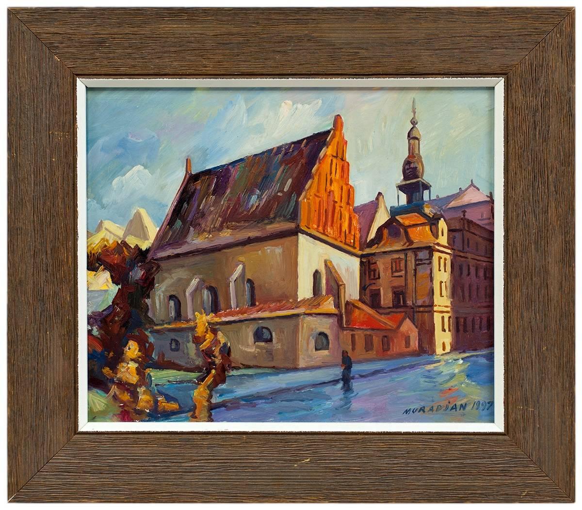Judaica Peinture à l'huile Altneuschul Maharal Synagogue Prague