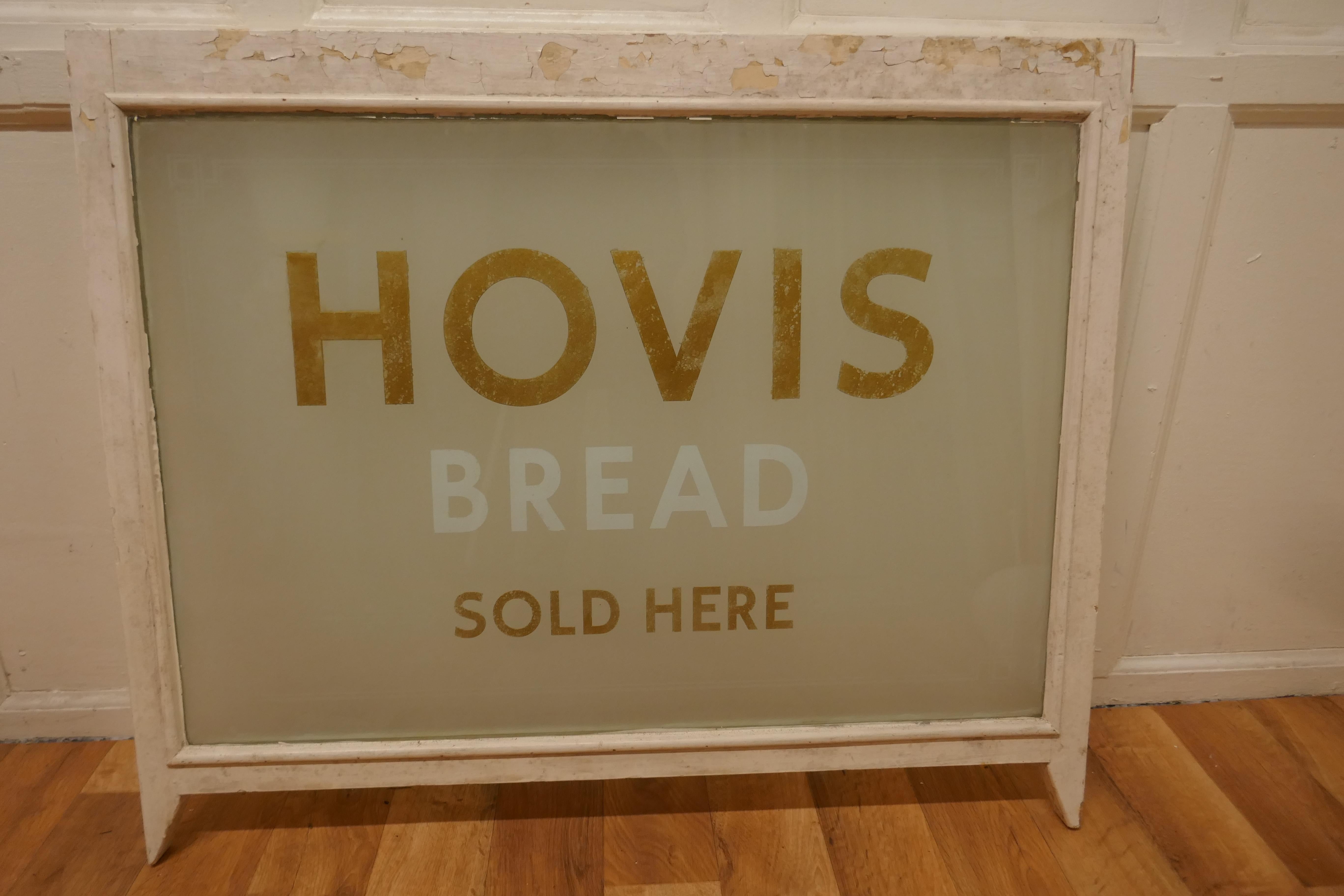 HOVIS, Etched Glass Bakery Advertising Window Sign

A great piece of social history, this is a window, the old sash type, the glass is etched and painted in gold and white with “HOVIS, bread sold here”
The frame is in sound condition but could do