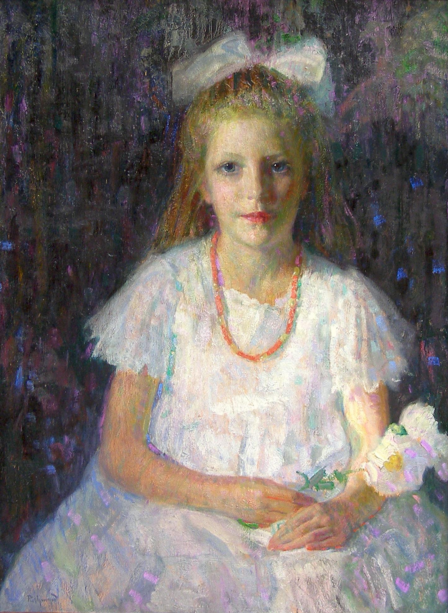 Marguerite, Young Gril with Flower Impressionist work - Painting by Hovsep Pushman