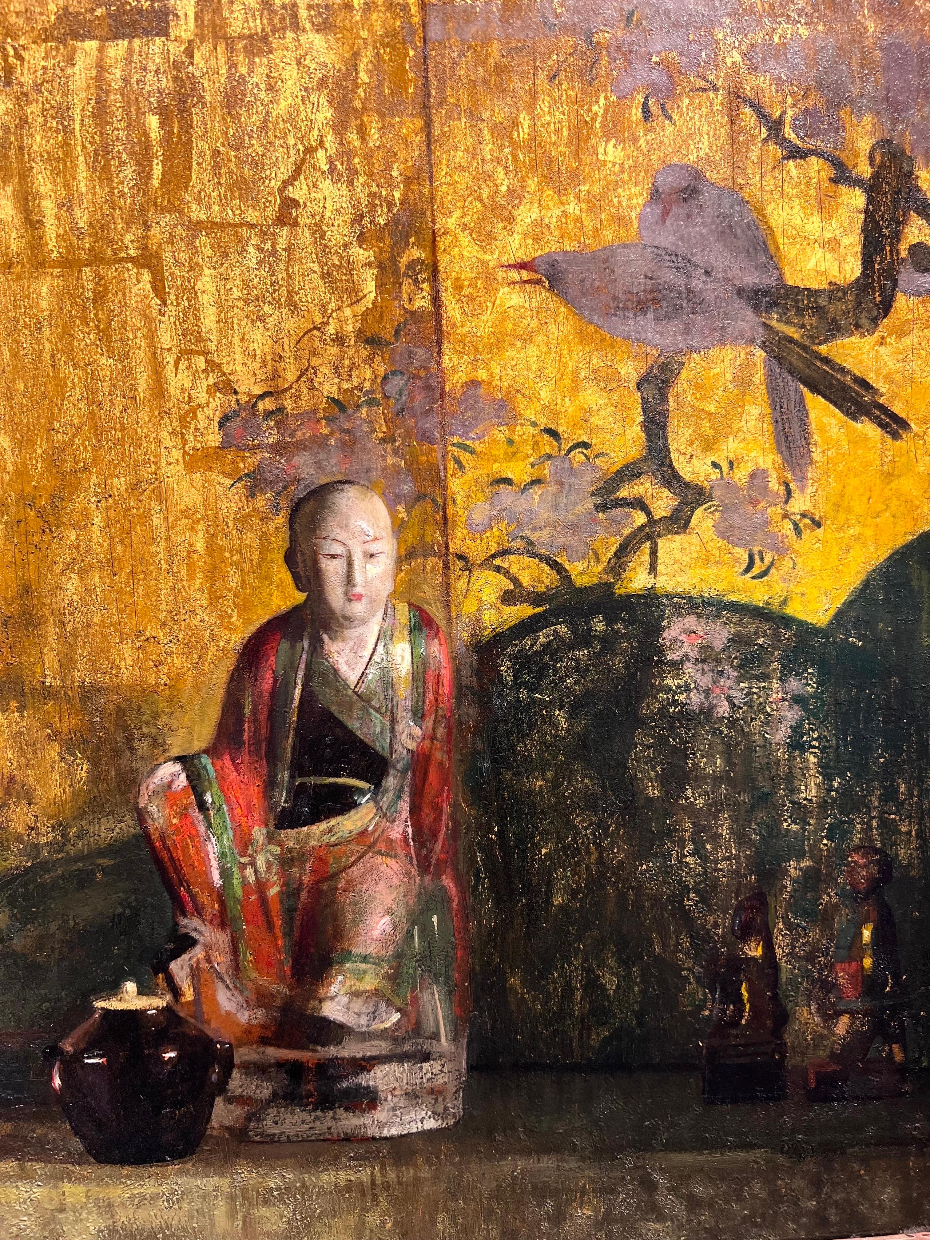 Titled When spring comes. A 20th-century American oil painting on board signed lower left. It depicts a still life with a porcelain Buddha figure and a pottery jar in front of a gilded screen. The painting measures 24