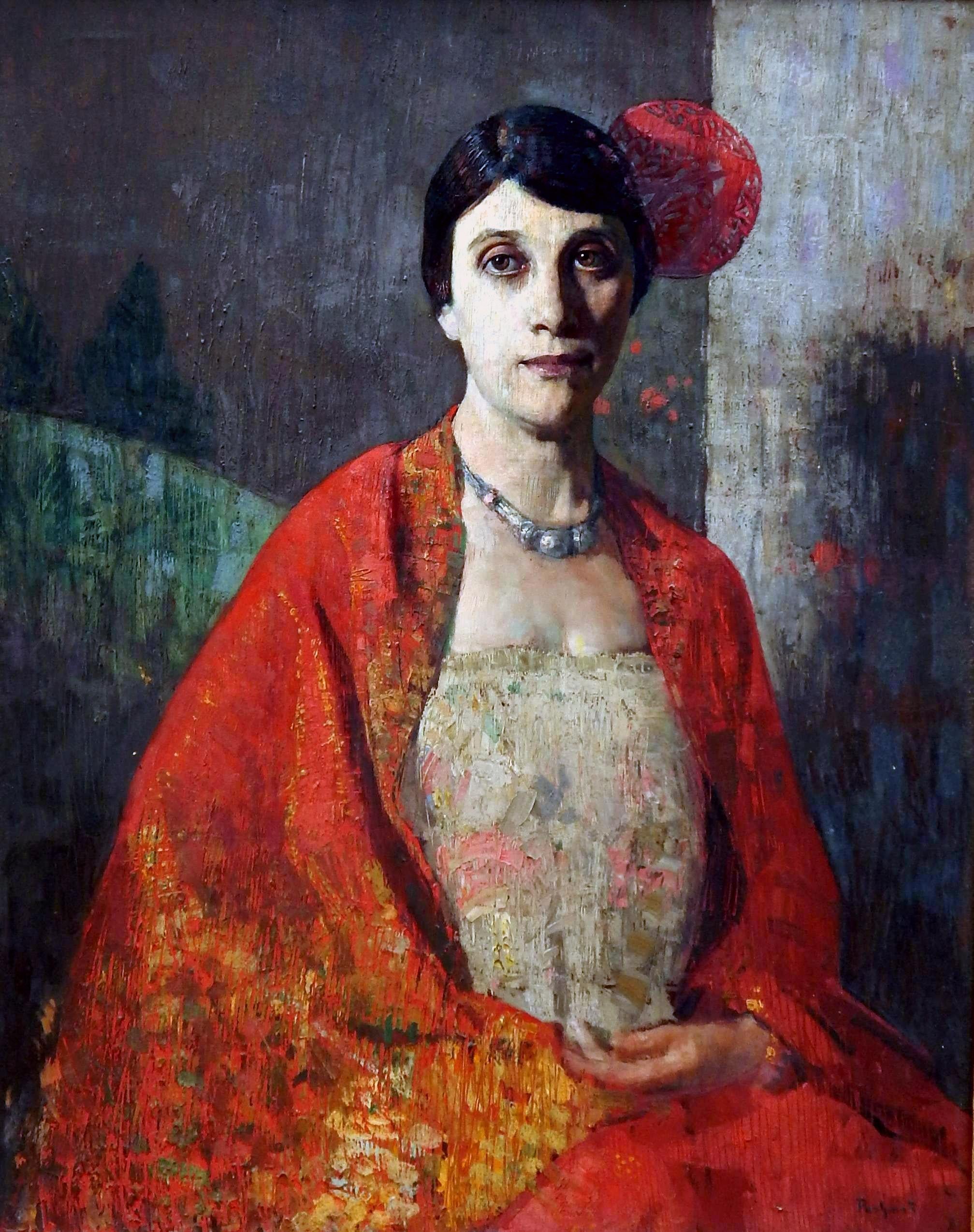 Beautiful and detailed original oil on canvas by Armenian/American artist Hovsep Pushman.
The sitter is Mary Bernard whose father was Jean (Juan) Bernard and whose mother was
Susan Machado. The sitter’s husband was John Frank Burkhard.
The work was