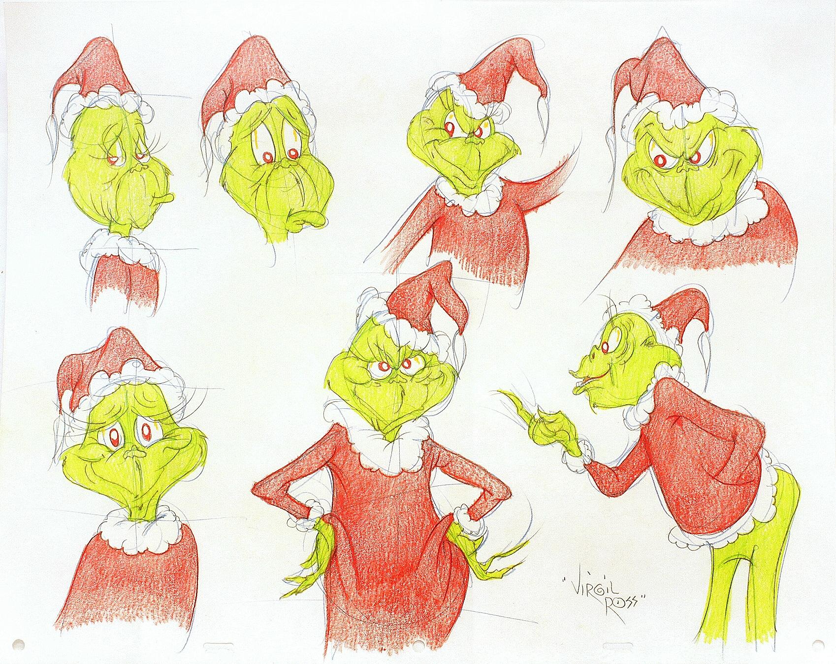 Author: GEISEL, Theodore: (Dr. Seuss) ( Virgil Ross ). 

Title: How The Grinch Stole Christmas. (Seven Original drawings). Warner Brothers Studios, (c.1990s)

Description: seven original drawings of the Grinch. 17