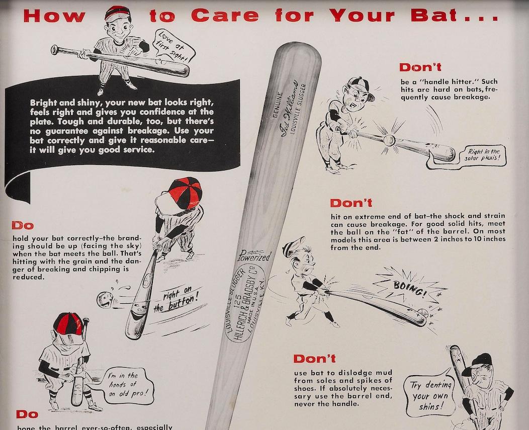 Offered is a vintage 1950s Louisville Slugger poster describing the various techniques to keep one’s bat in pristine condition. Hillerich & Bradsby Company’s poster uses a cartoon athlete with his wooden baseball bat to give directions to amateur