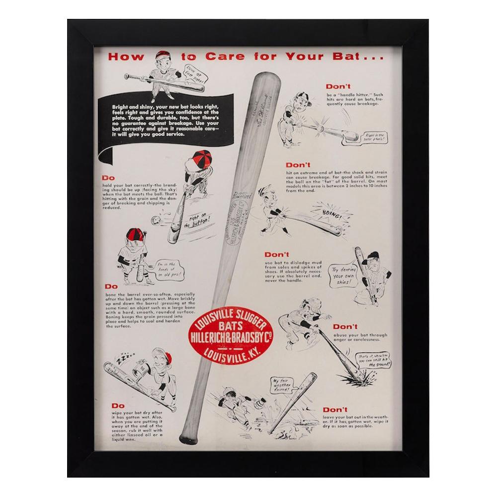 "How to Care for Your Bat" Louisville Slugger Vintage Sports Poster, circa 1950s