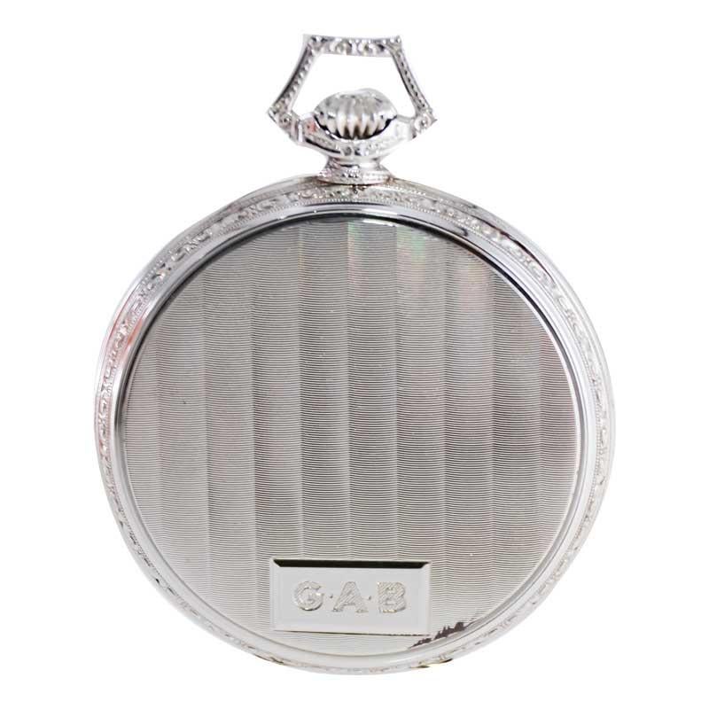Howard 14 Karat Solid White Gold Opened Faced Pocket Watch, circa 1920s For Sale 4