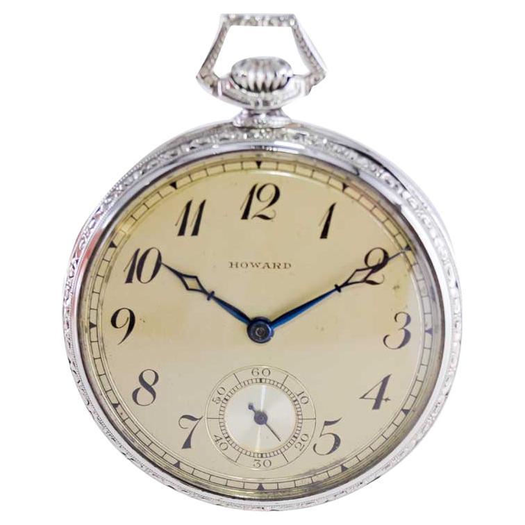 Art Deco Howard 14 Karat Solid White Gold Opened Faced Pocket Watch, circa 1920s For Sale